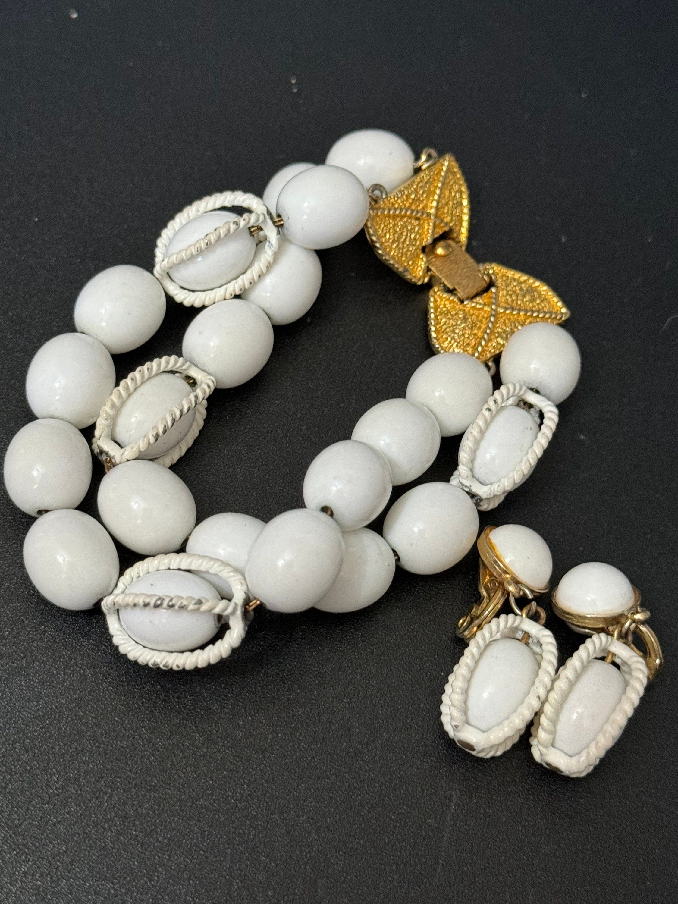 Vintage Monet signed white beaded nautical style clip on earring and bracelet jewellery set