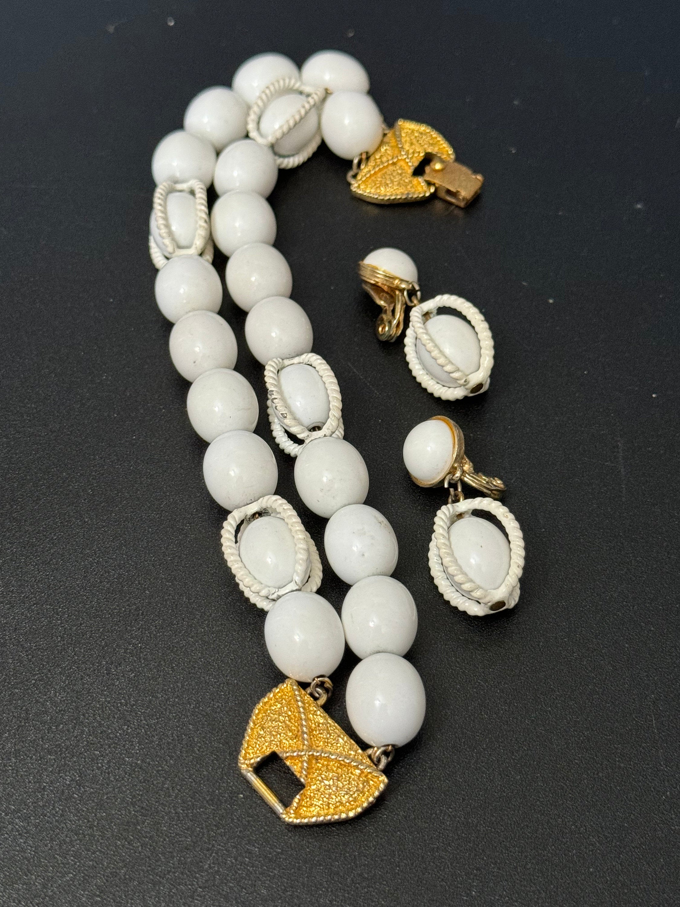 Vintage Monet signed white beaded nautical style clip on earring and bracelet jewellery set