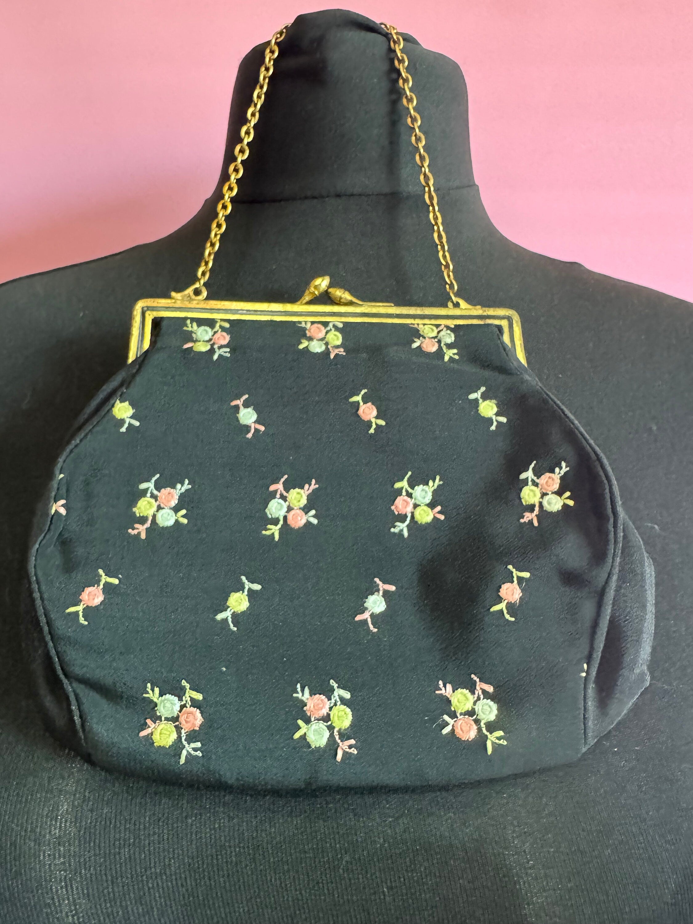 Vintage black crepe Evening Bag Purse with floral petit point embroidery mid century
