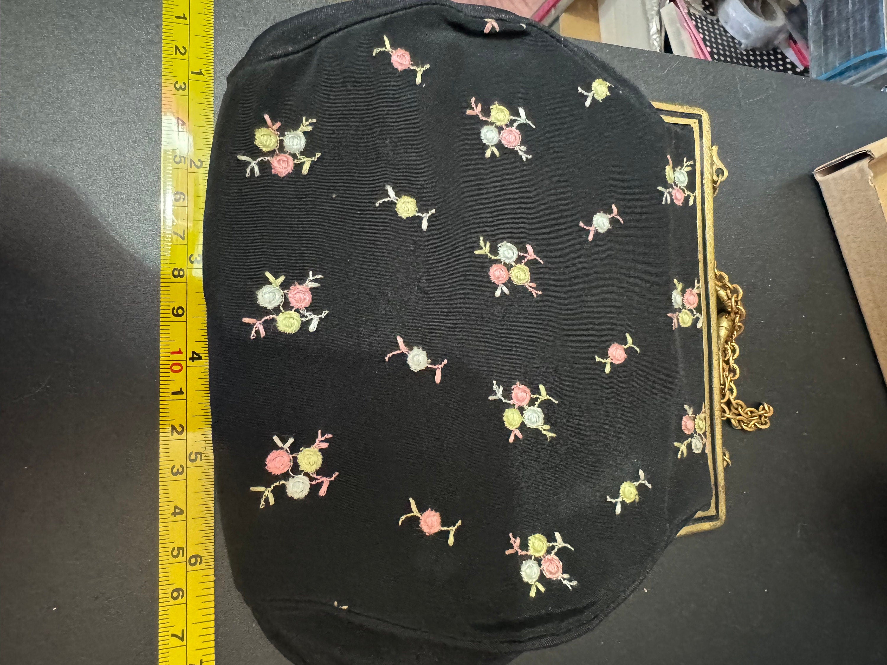Vintage black crepe Evening Bag Purse with floral petit point embroidery mid century