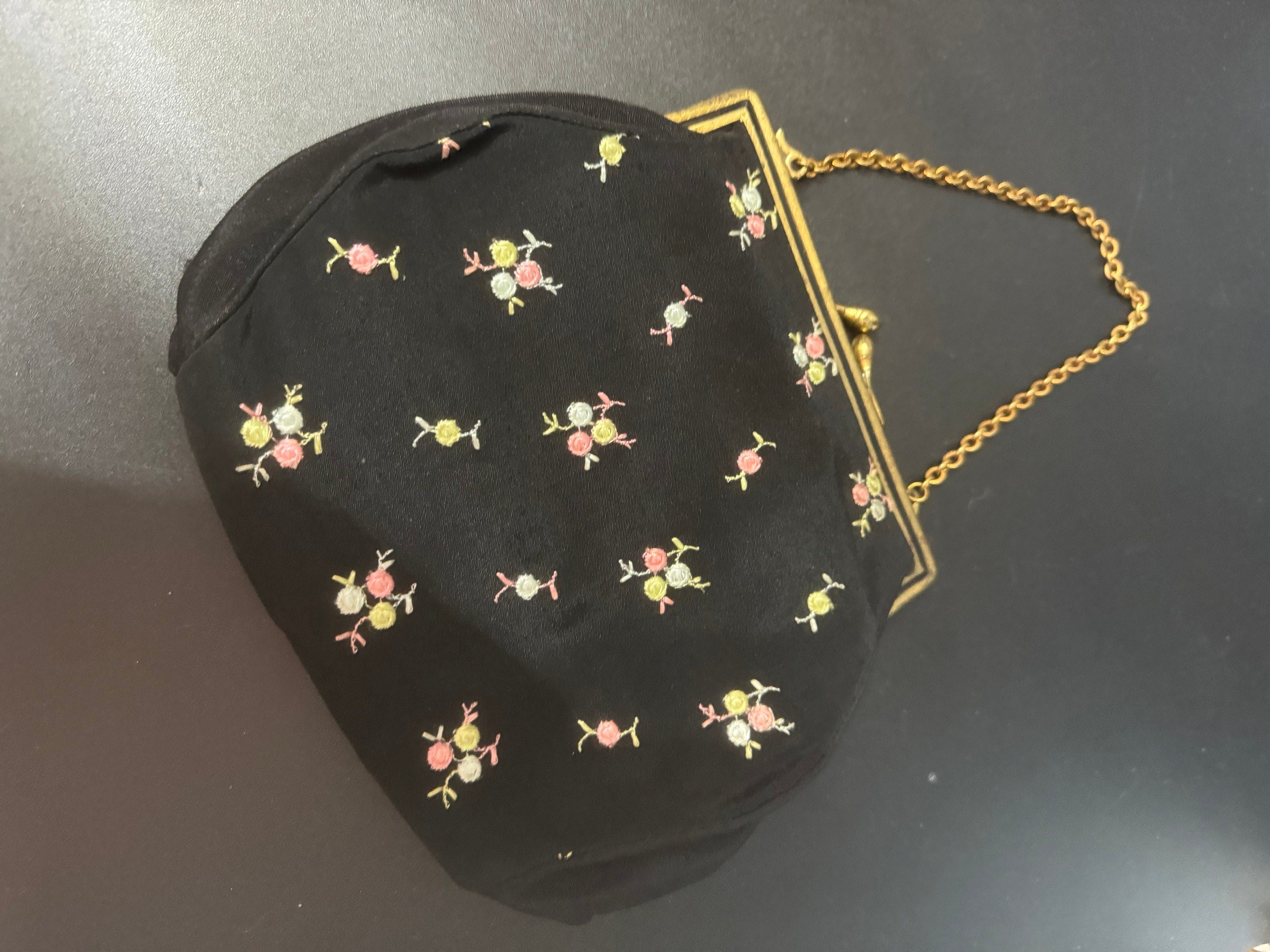 Vintage black crepe Evening Bag Purse with floral petit point embroidery mid century