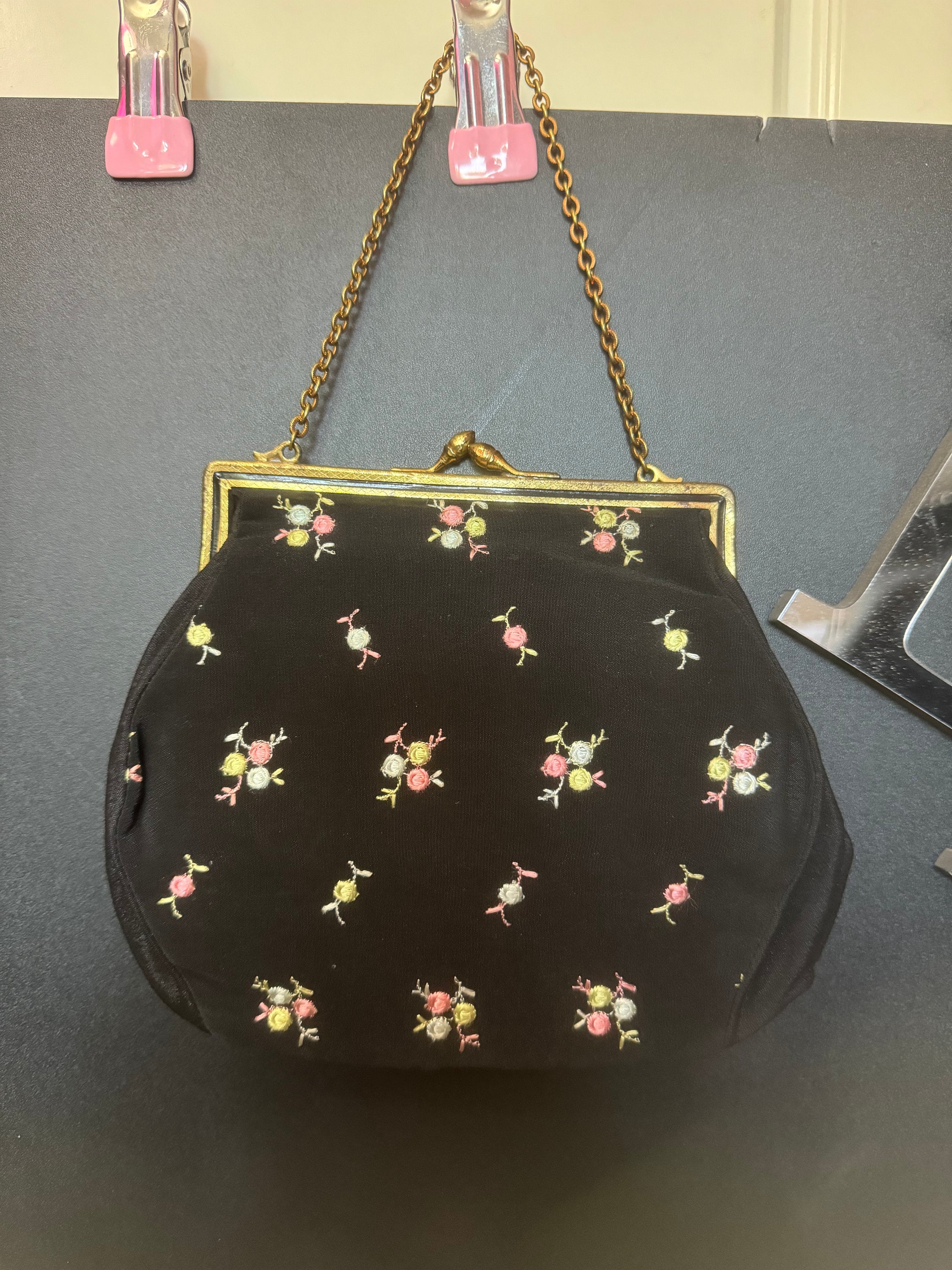 Vintage black crepe Evening Bag Purse with floral petit point embroidery mid century