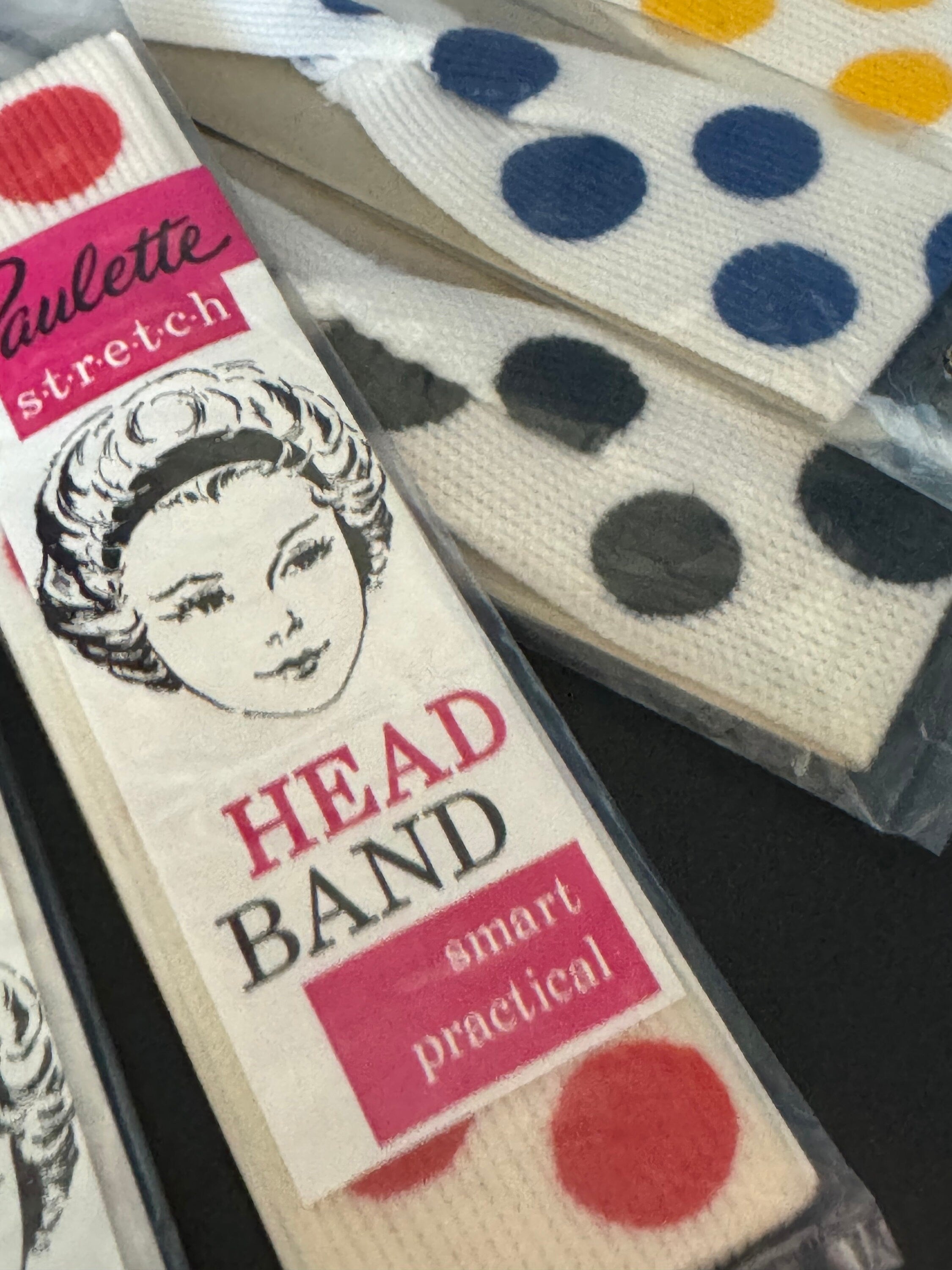 Vintage Paulette polka dot stretch head bands black yellow red blue green