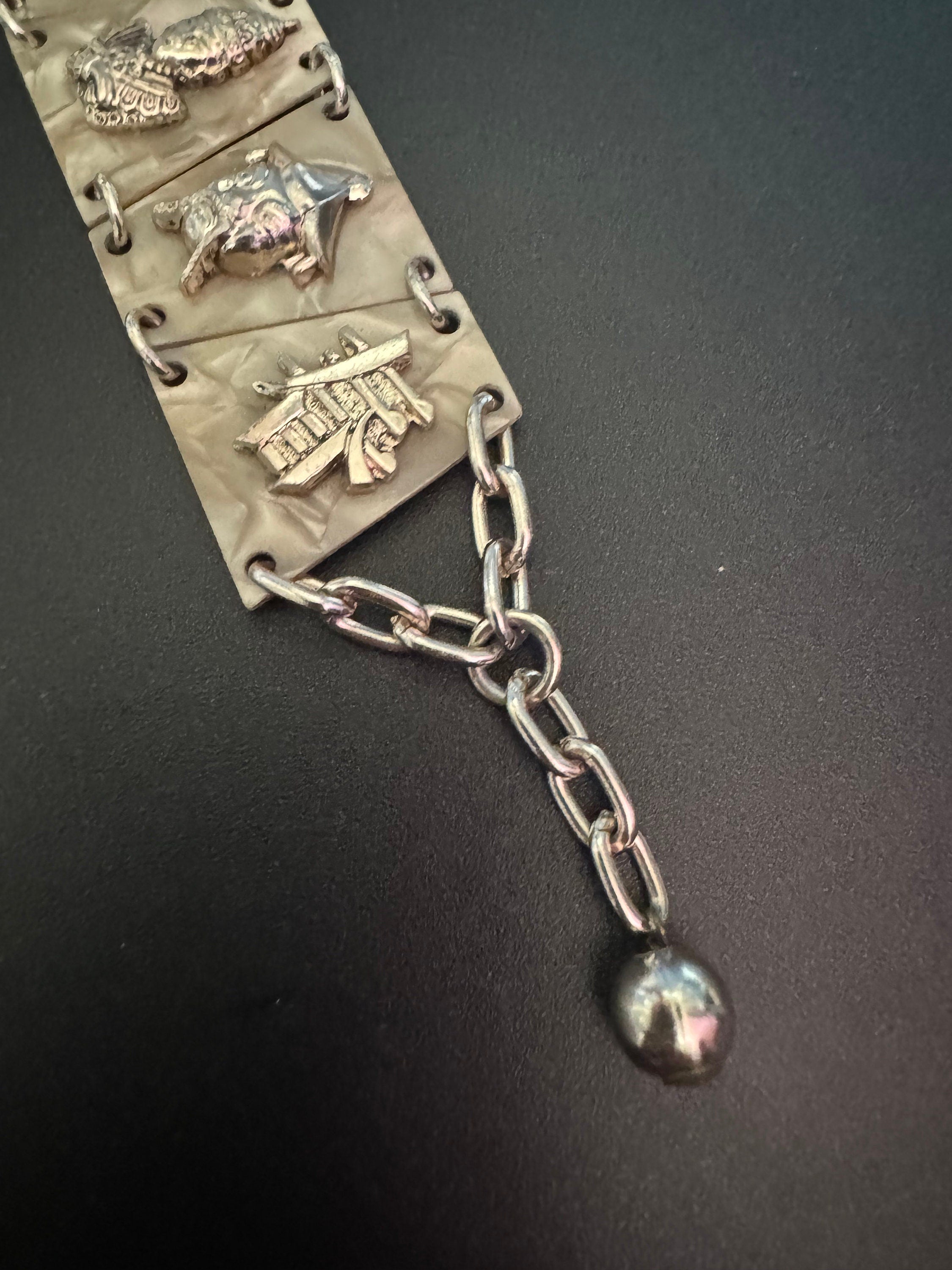 Vintage Chinese Faux Pearl Bracelet: Kitsch Eastern Motif Panel Links