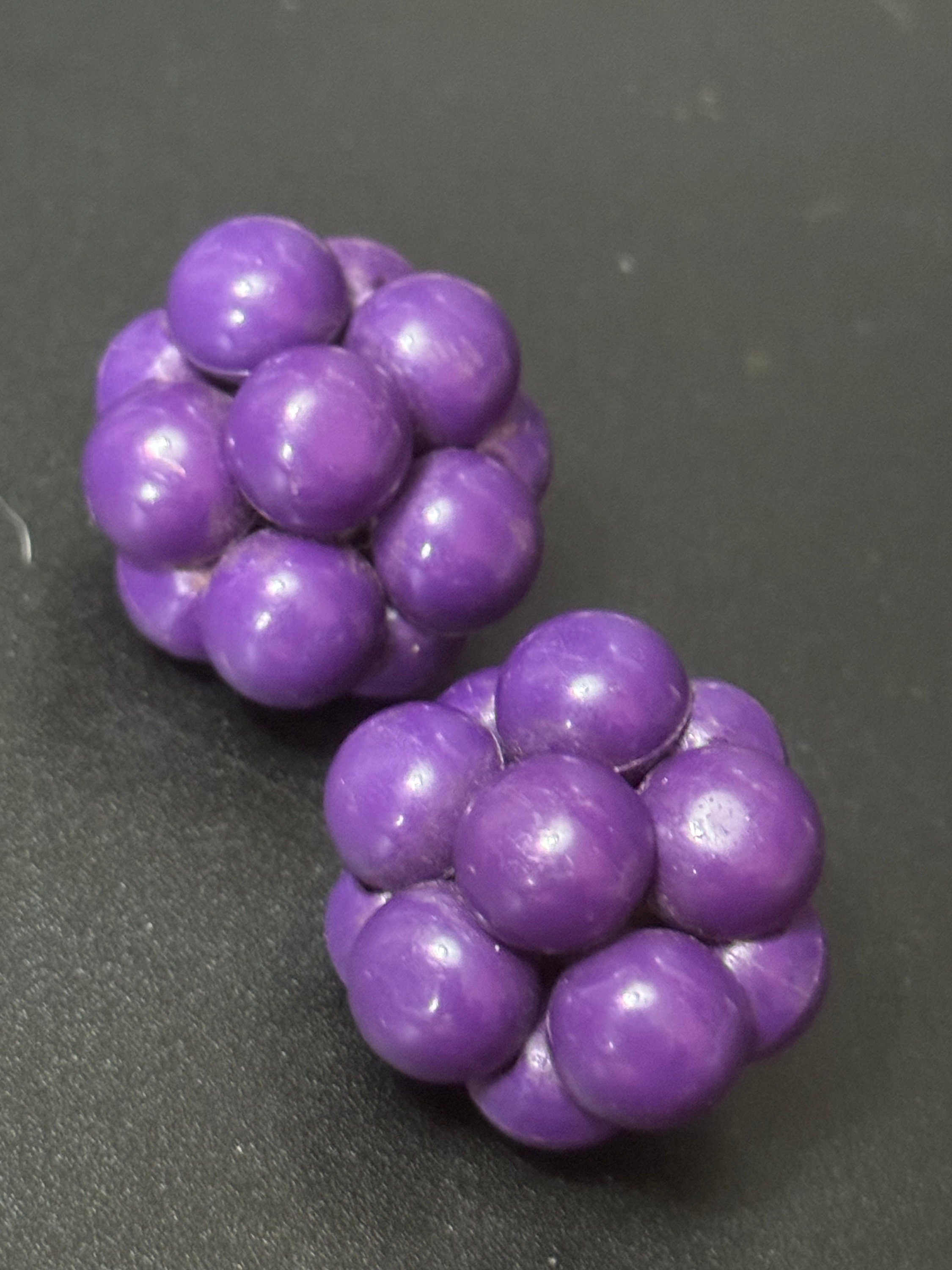 Vintage purple plastic beaded Cluster Clip On Earrings