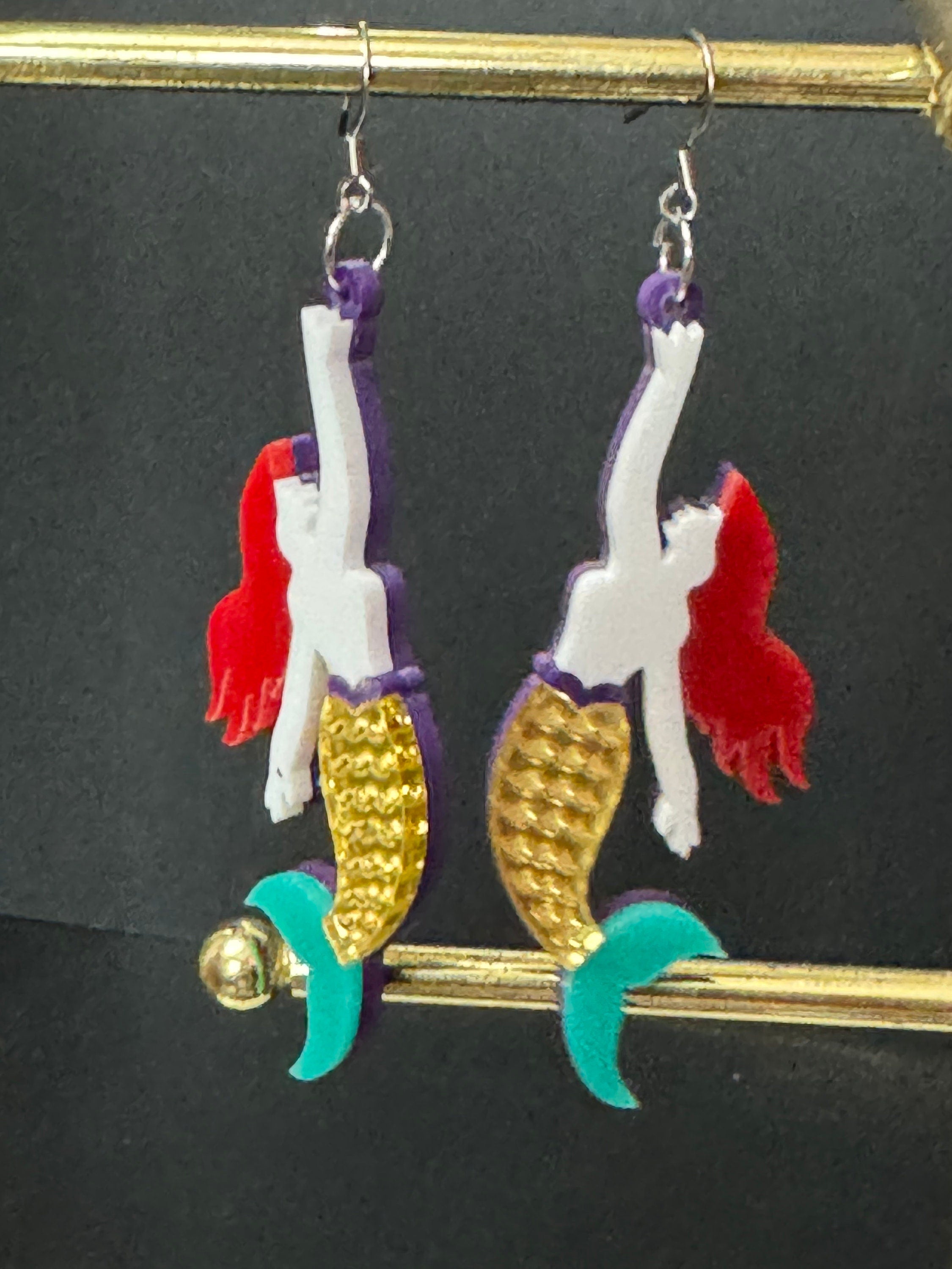 Oversized Mermaid Drop Earrings: Gold & Blue Nautical Perspex
