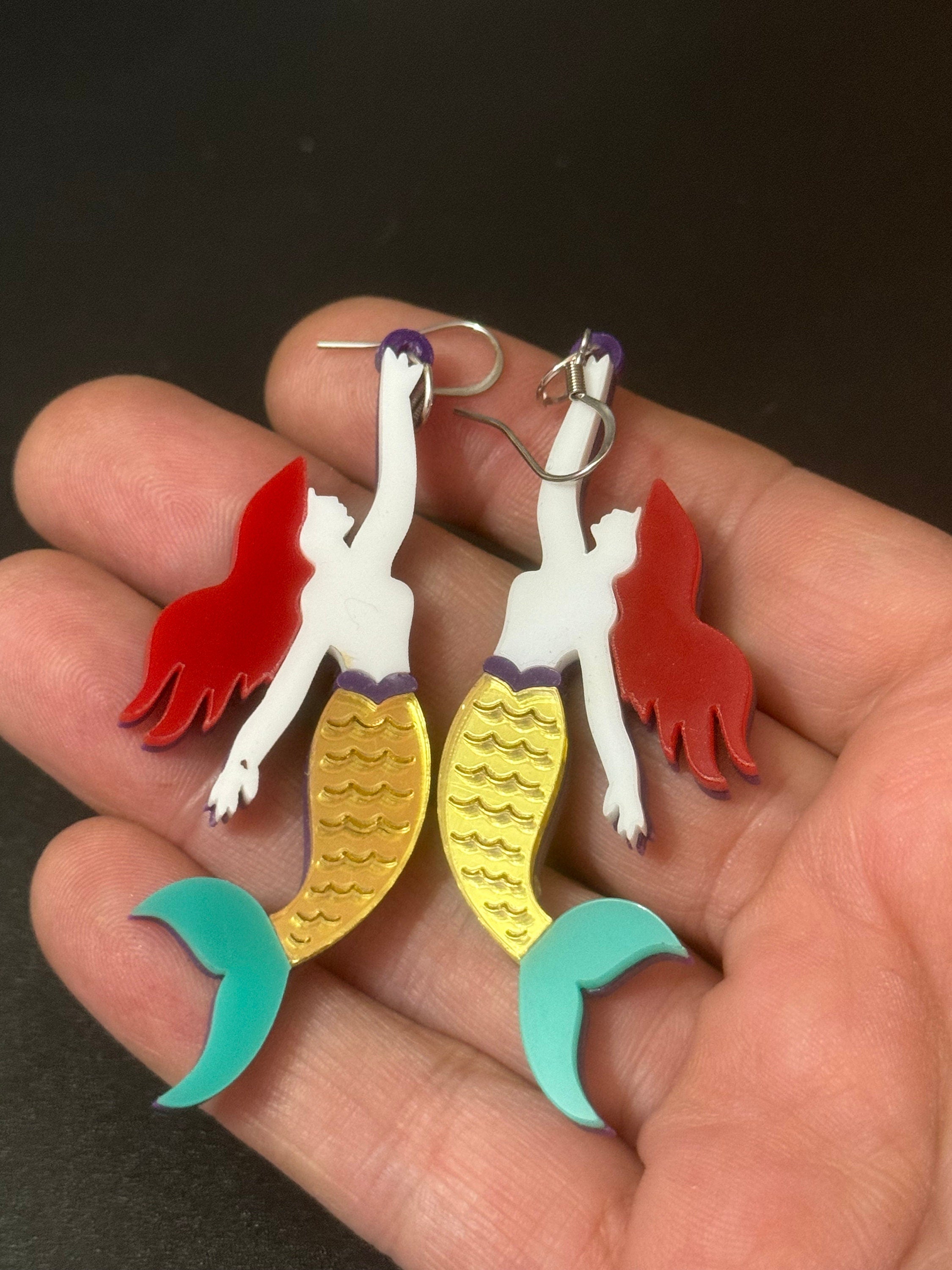 Oversized Mermaid Drop Earrings: Gold & Blue Nautical Perspex