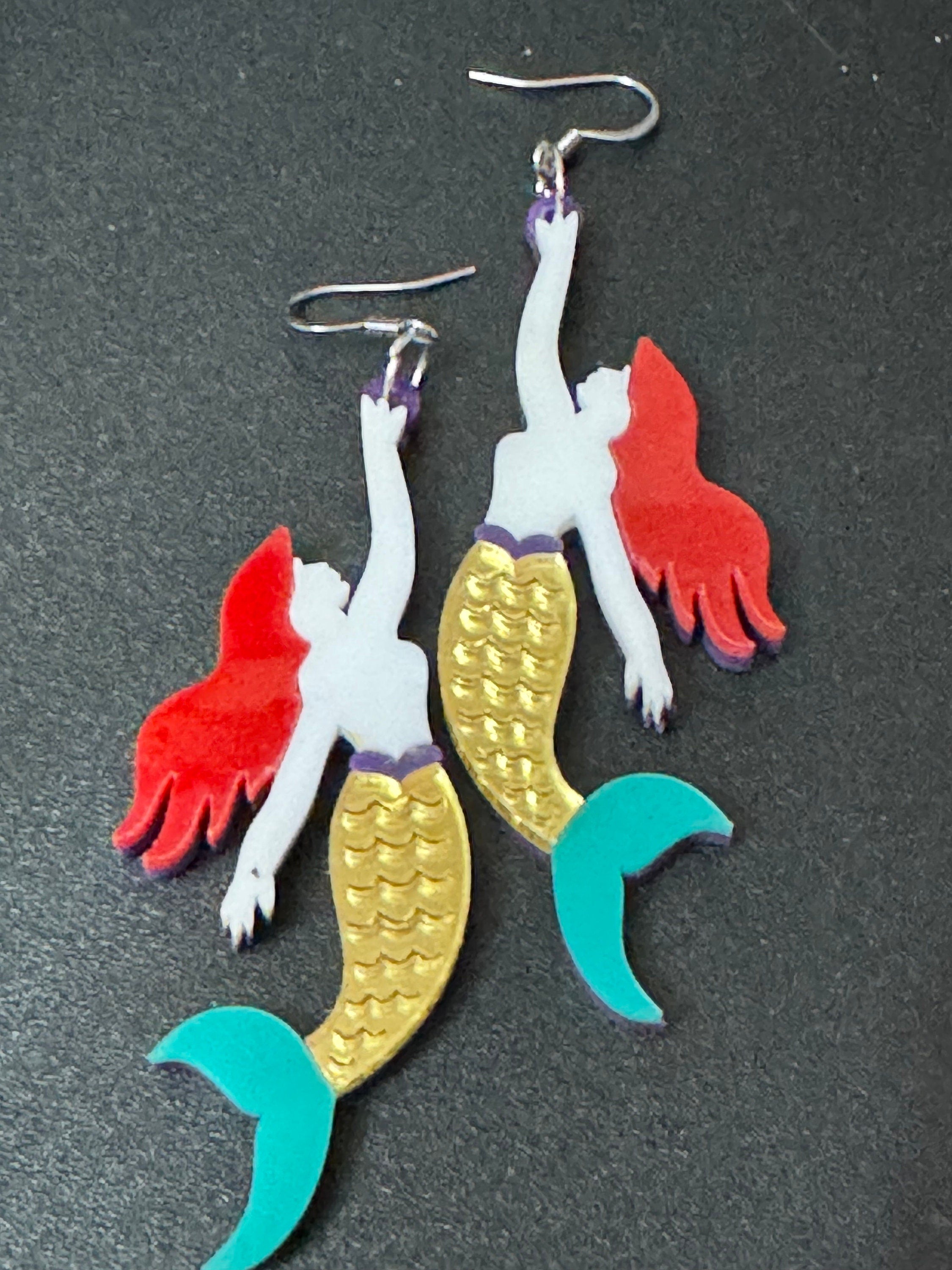 Oversized Mermaid Drop Earrings: Gold & Blue Nautical Perspex