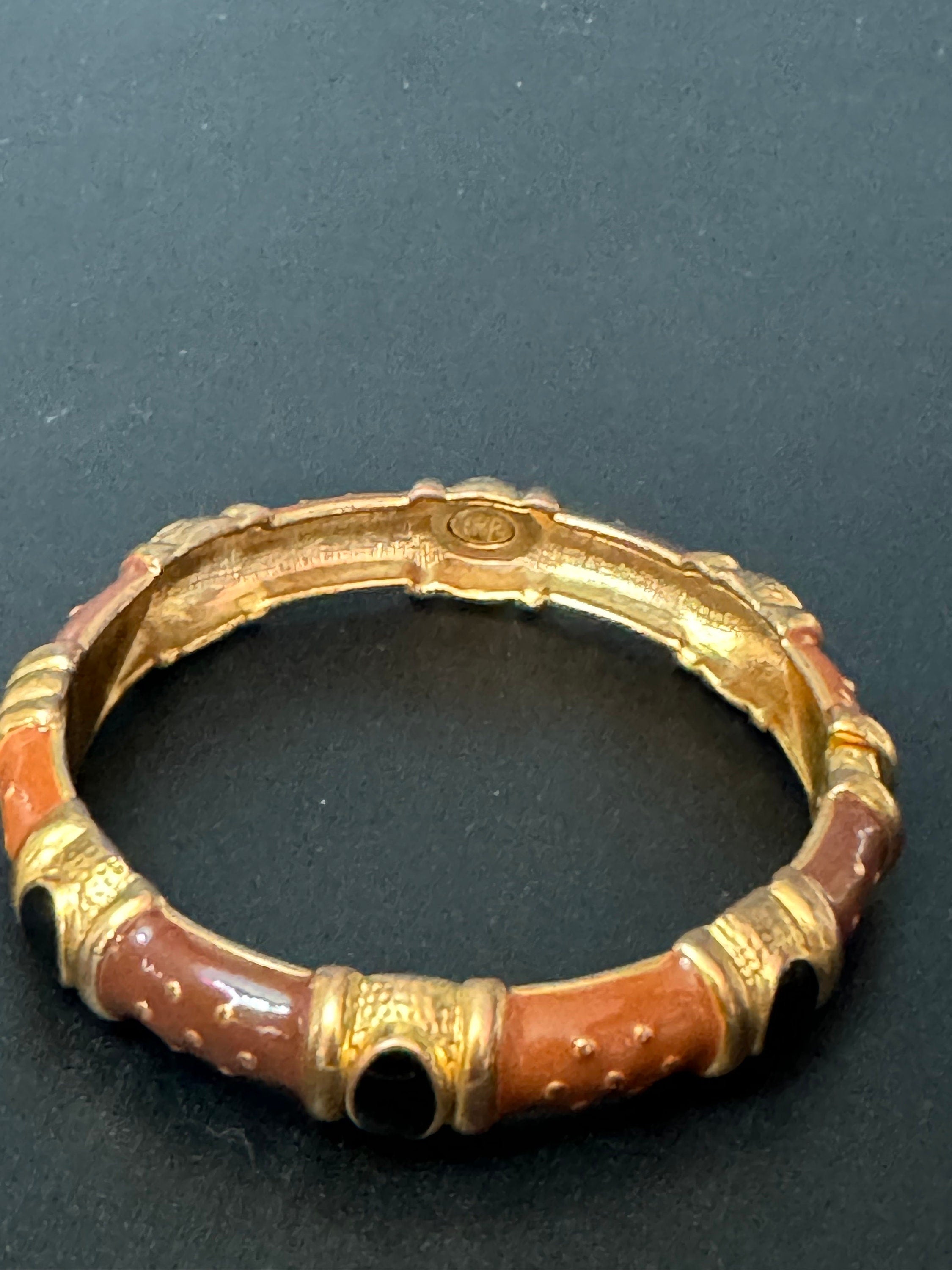 Signed Joan rivers gold plated brown black enamel clamper bangle cuff bracelet
