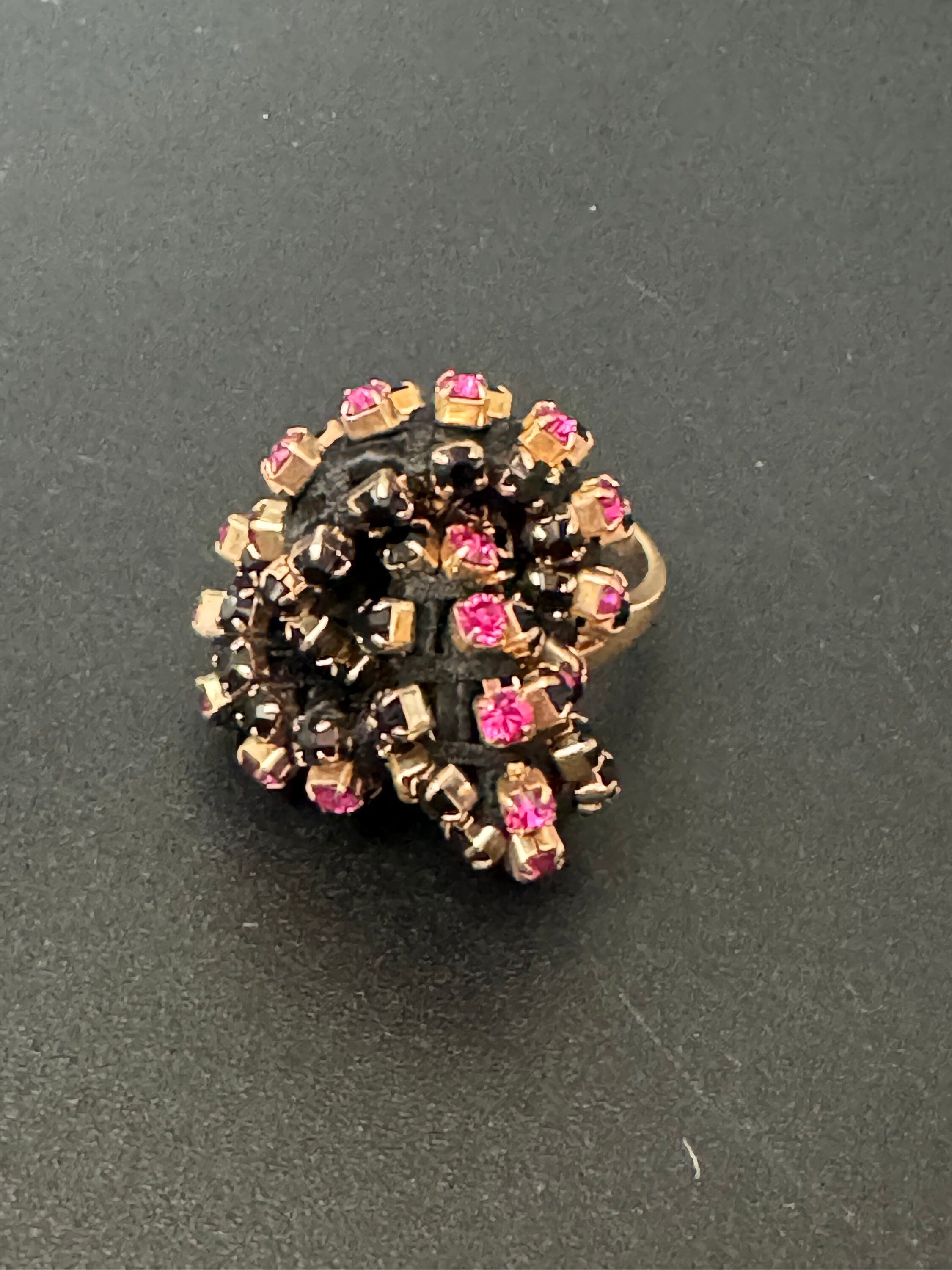 Retro pink and black Swarovski Crystal gold tone oversized knot cocktail ring adjustable designer