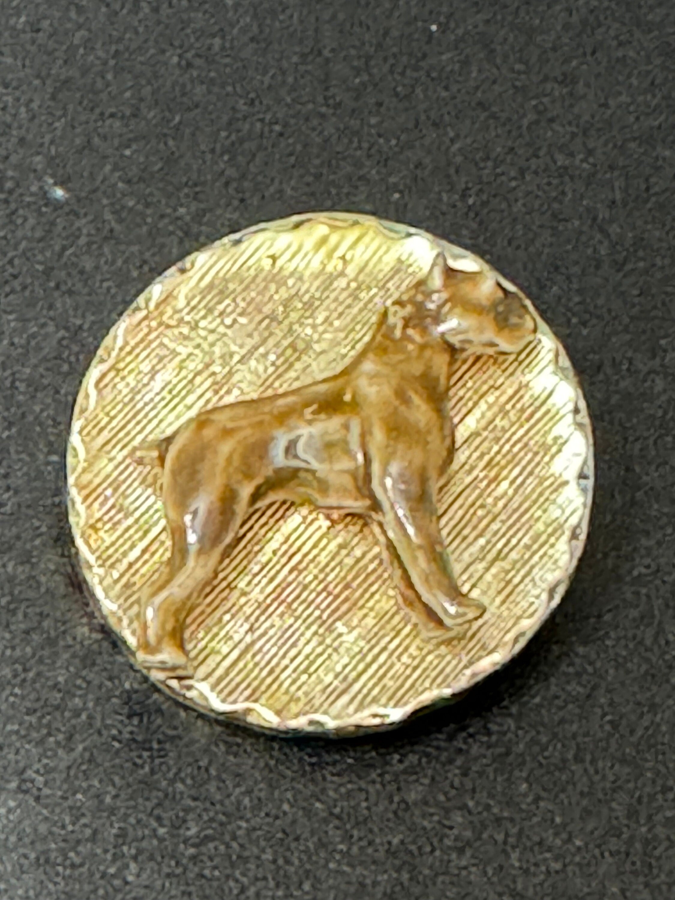 Signed HOLLYWOOD round gold tone brown enamel dog brooch