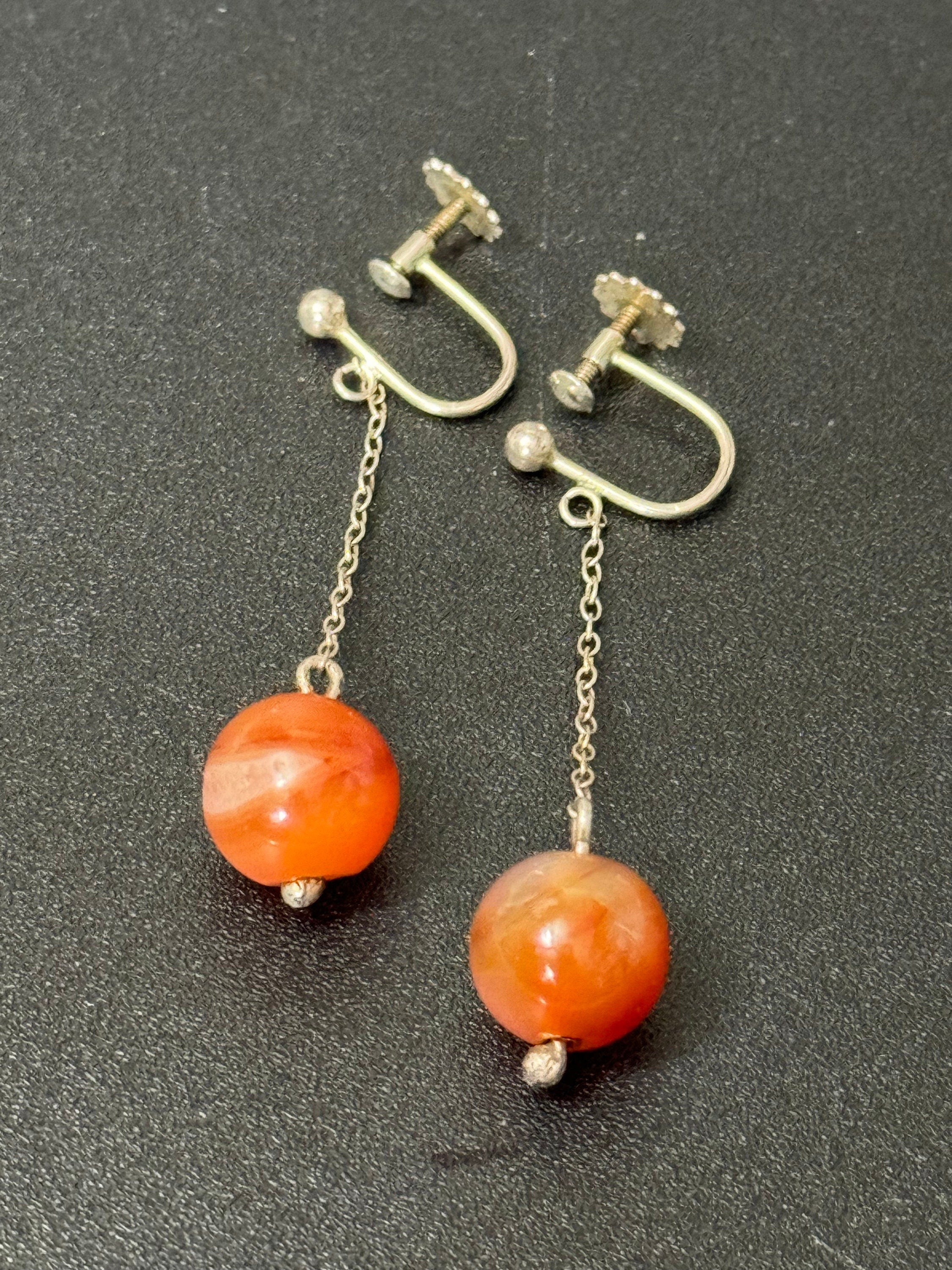 Vintage Art Deco 925 sterling silver carnelian bead ball Screw Back Clip on dangle chain Earrings 1920s 1930s 1940s