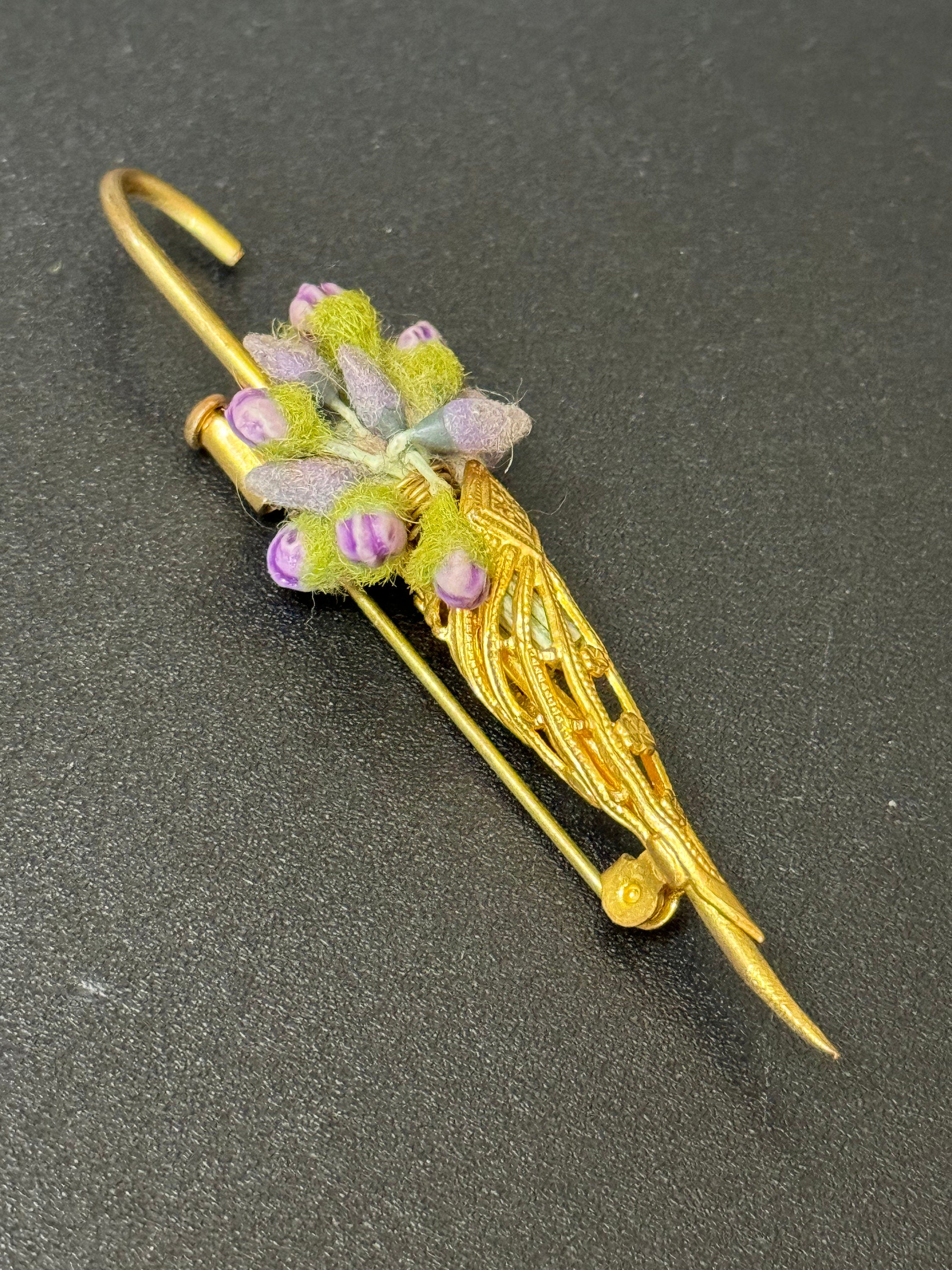 Antique Czech gold tone brass green purple floral Novelty Parasol Umbrella brooch