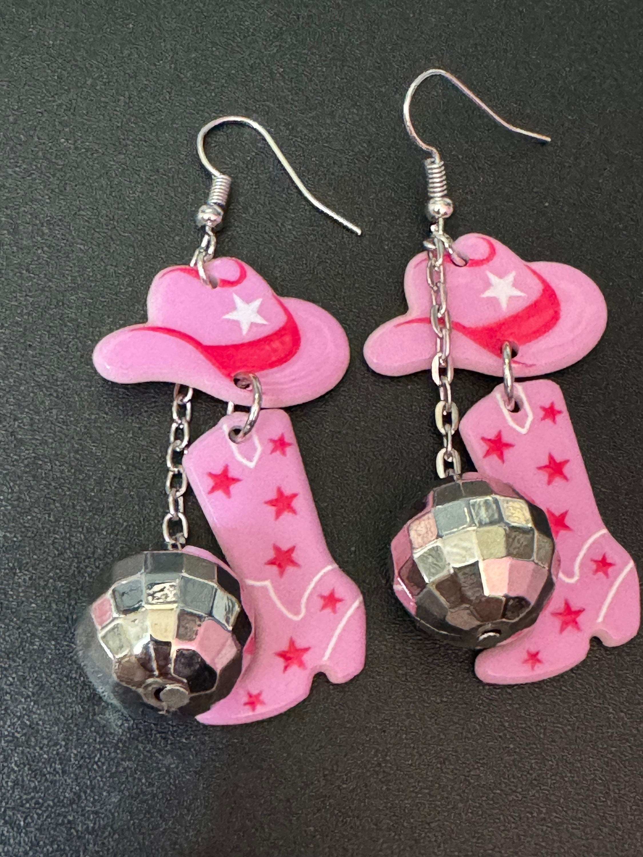 pink cowboy cowgirl hat boots and disco ball long dangly earrings silver tone dolly parton jewellery Yellowstone