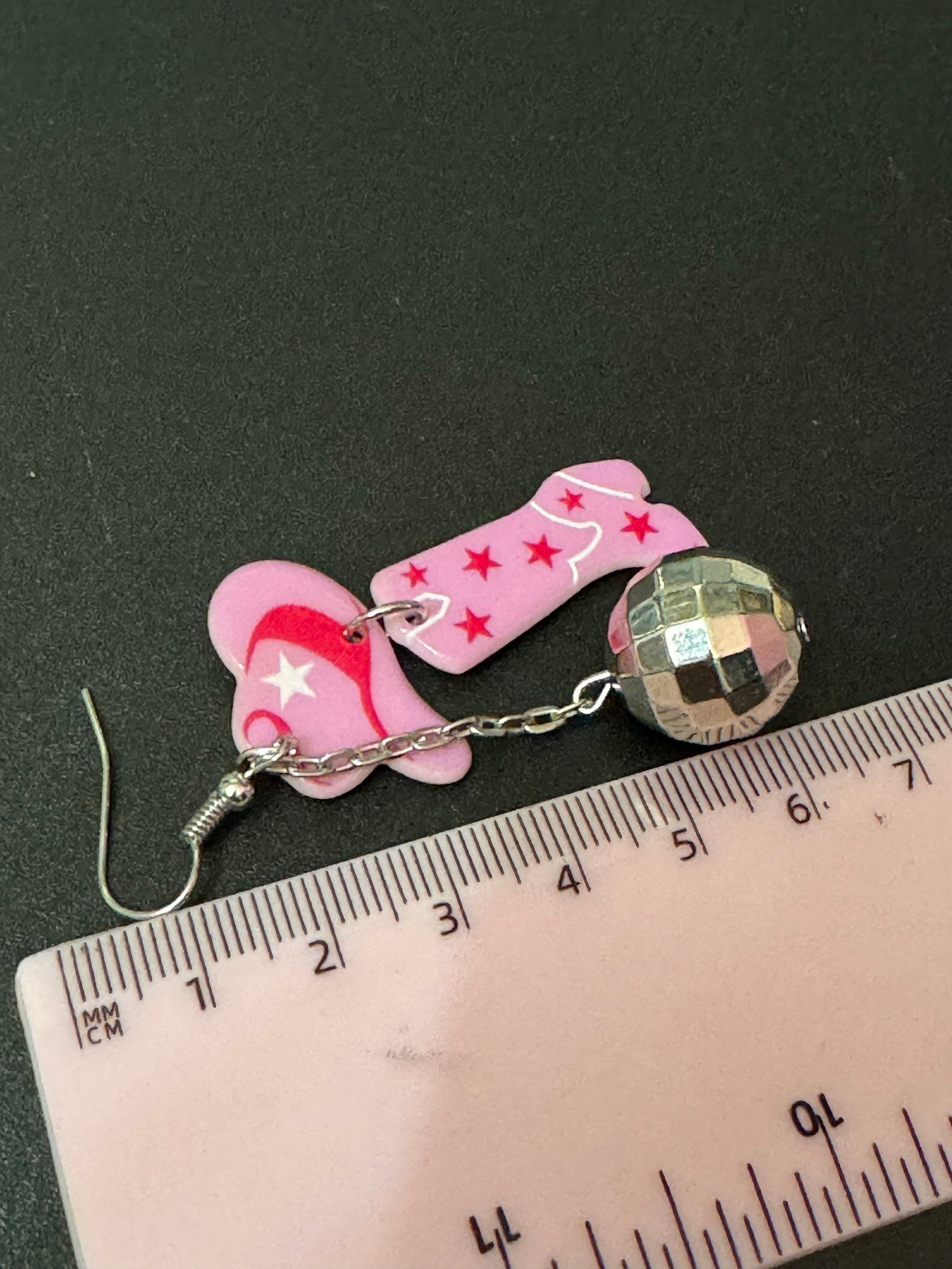 pink cowboy cowgirl hat boots and disco ball long dangly earrings silver tone dolly parton jewellery Yellowstone