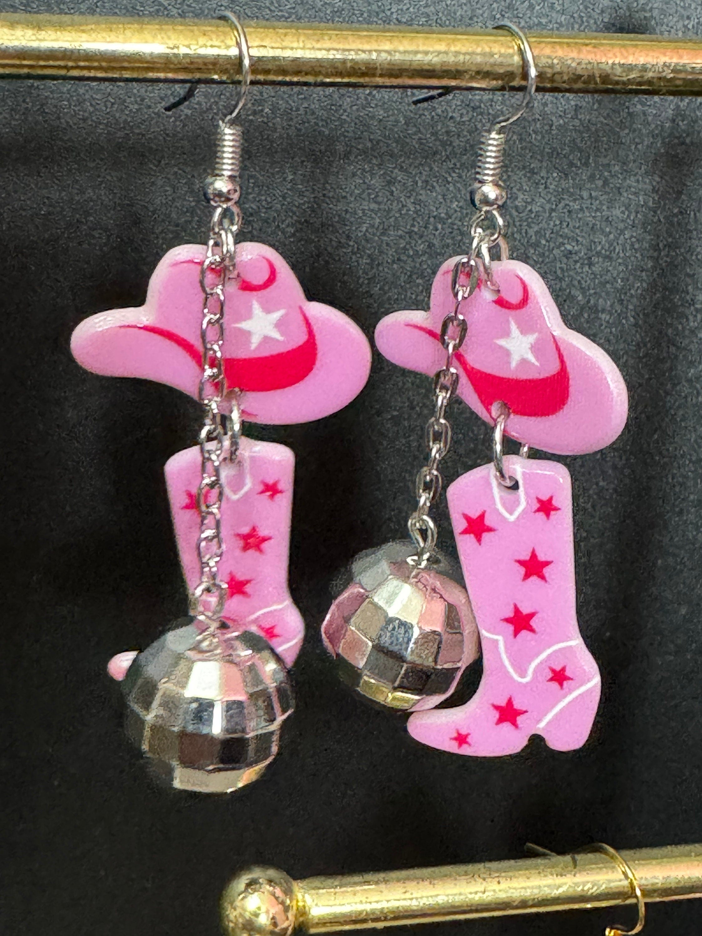 pink cowboy cowgirl hat boots and disco ball long dangly earrings silver tone dolly parton jewellery Yellowstone