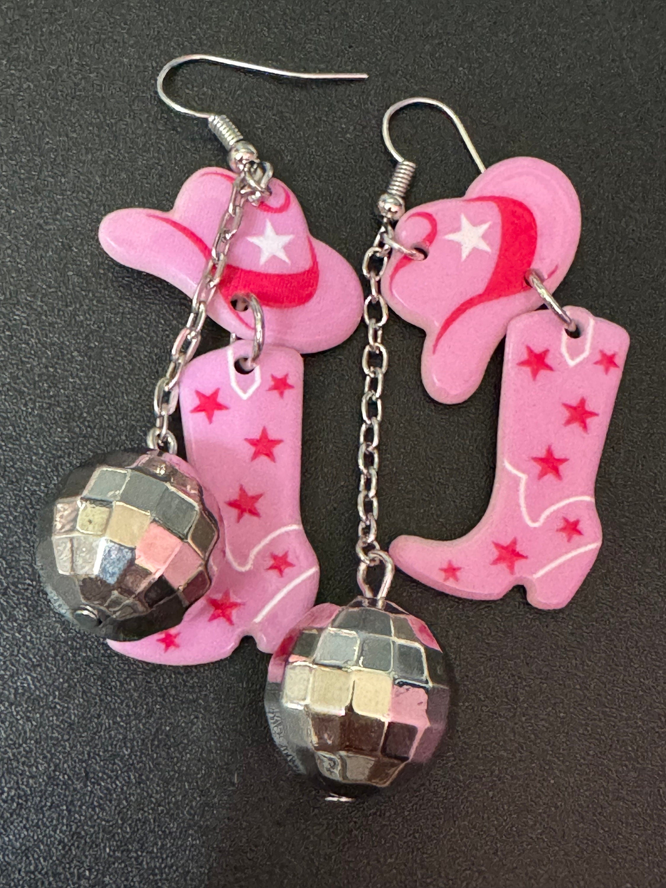 pink cowboy cowgirl hat boots and disco ball long dangly earrings silver tone dolly parton jewellery Yellowstone