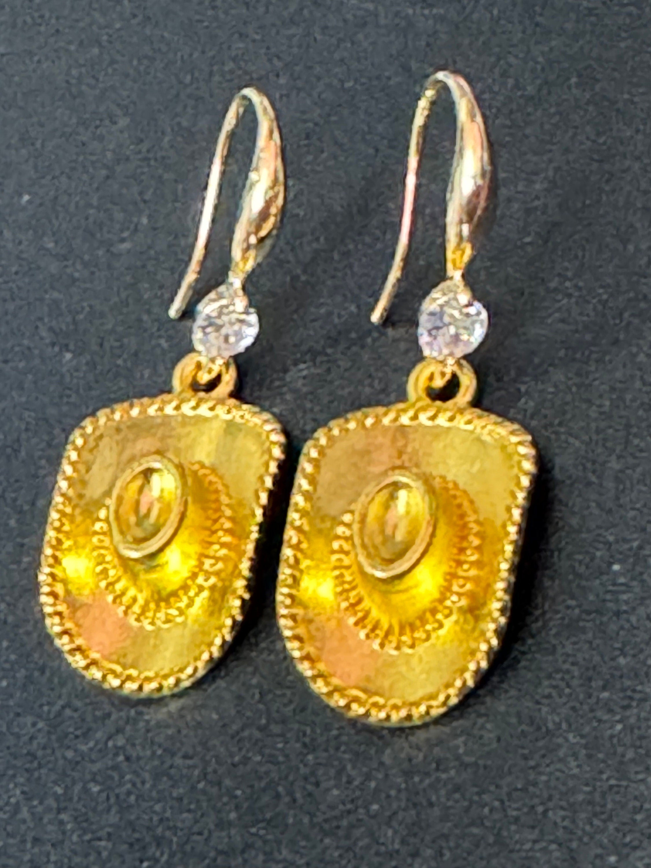 18k gold plated earwires diamanté crystal cowboy hat dangly earrings Dolly Parton Yellowstone jewellery pierced