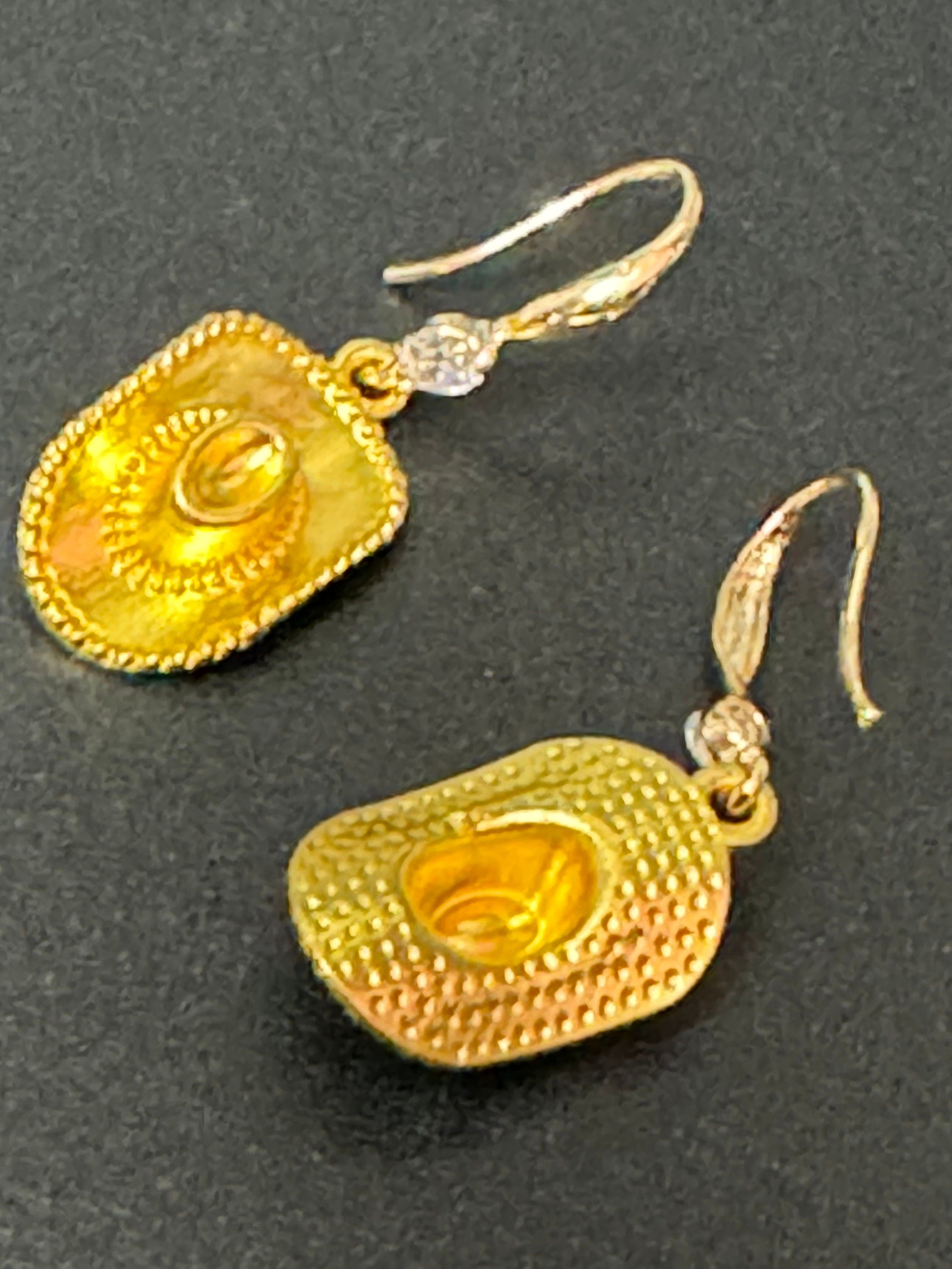 18k gold plated earwires diamanté crystal cowboy hat dangly earrings Dolly Parton Yellowstone jewellery pierced