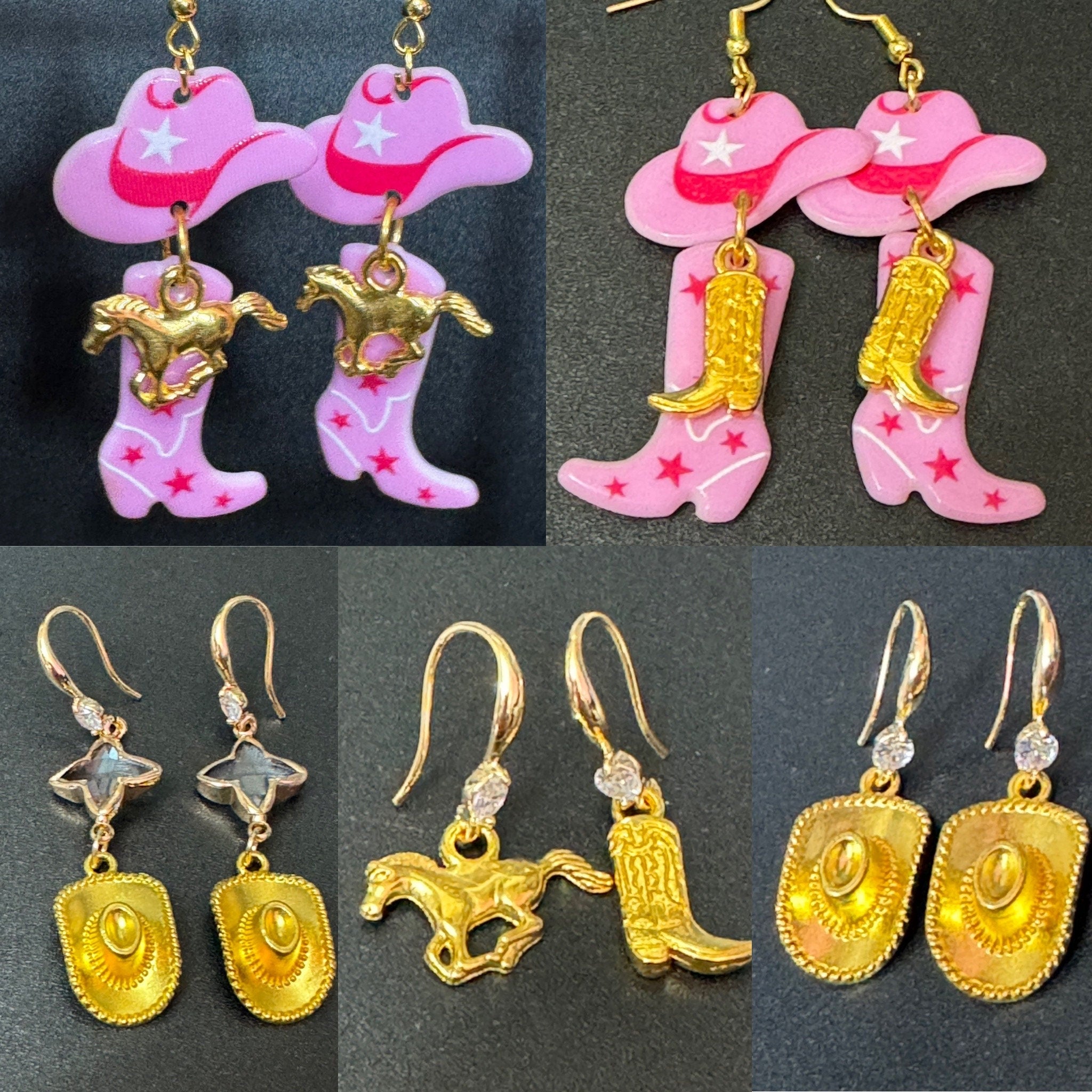 18k gold plated earwires diamanté crystal cowboy hat dangly earrings Dolly Parton Yellowstone jewellery pierced