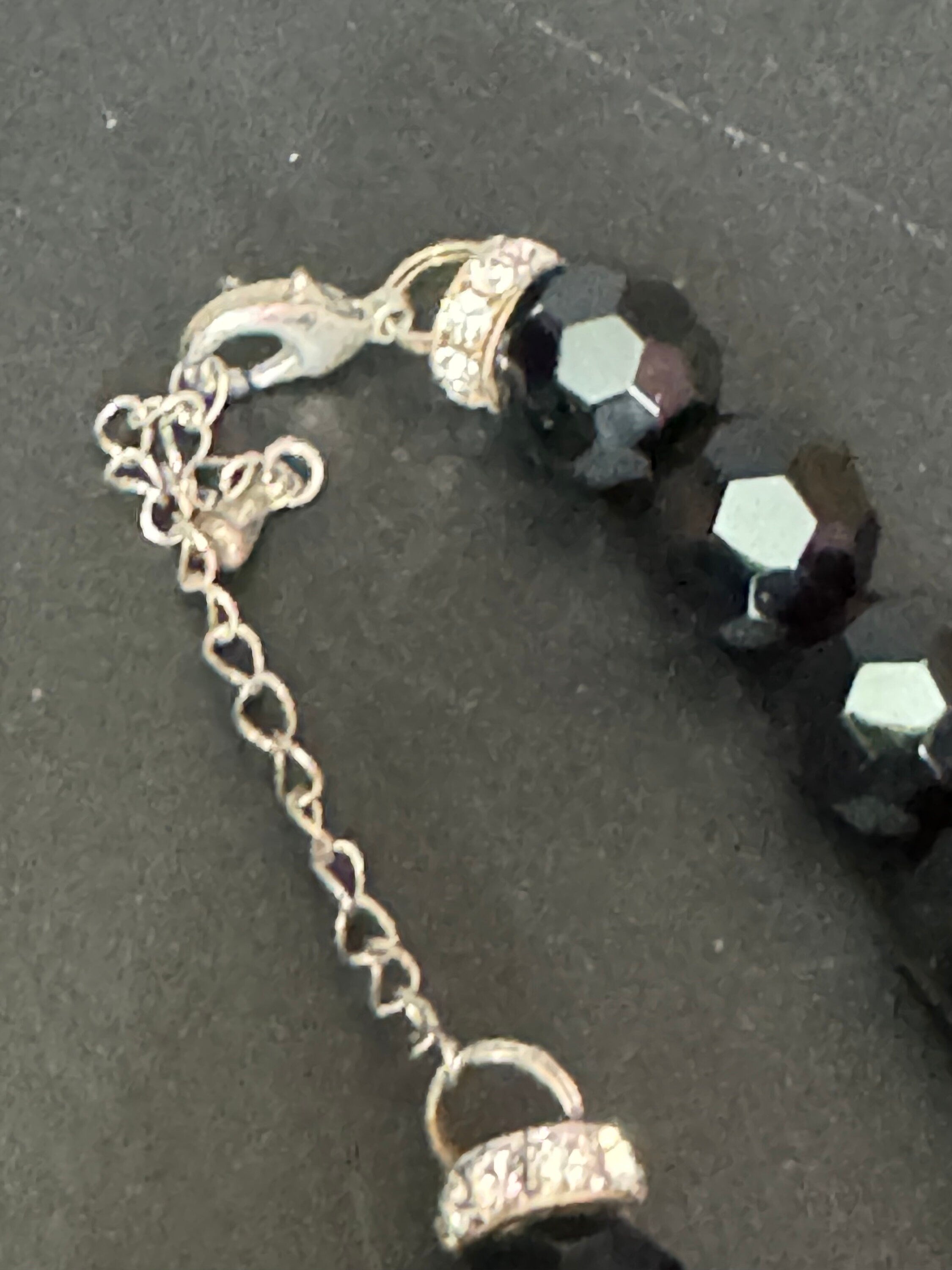 Mid century monochrome black clear glass paste diamanté faceted beaded necklace Art Deco gatsby party 47-55cm
