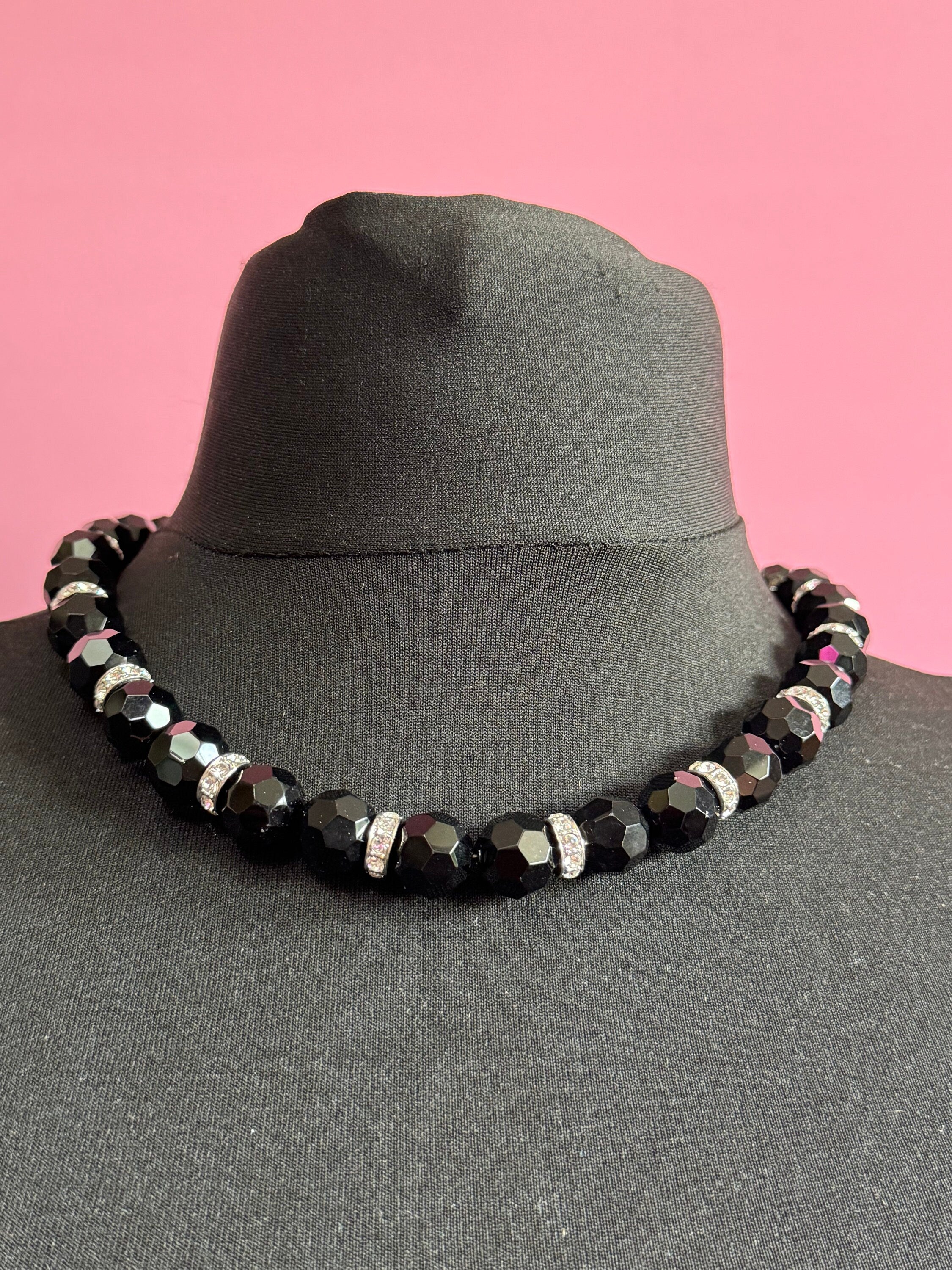 Mid century monochrome black clear glass paste diamanté faceted beaded necklace Art Deco gatsby party 47-55cm