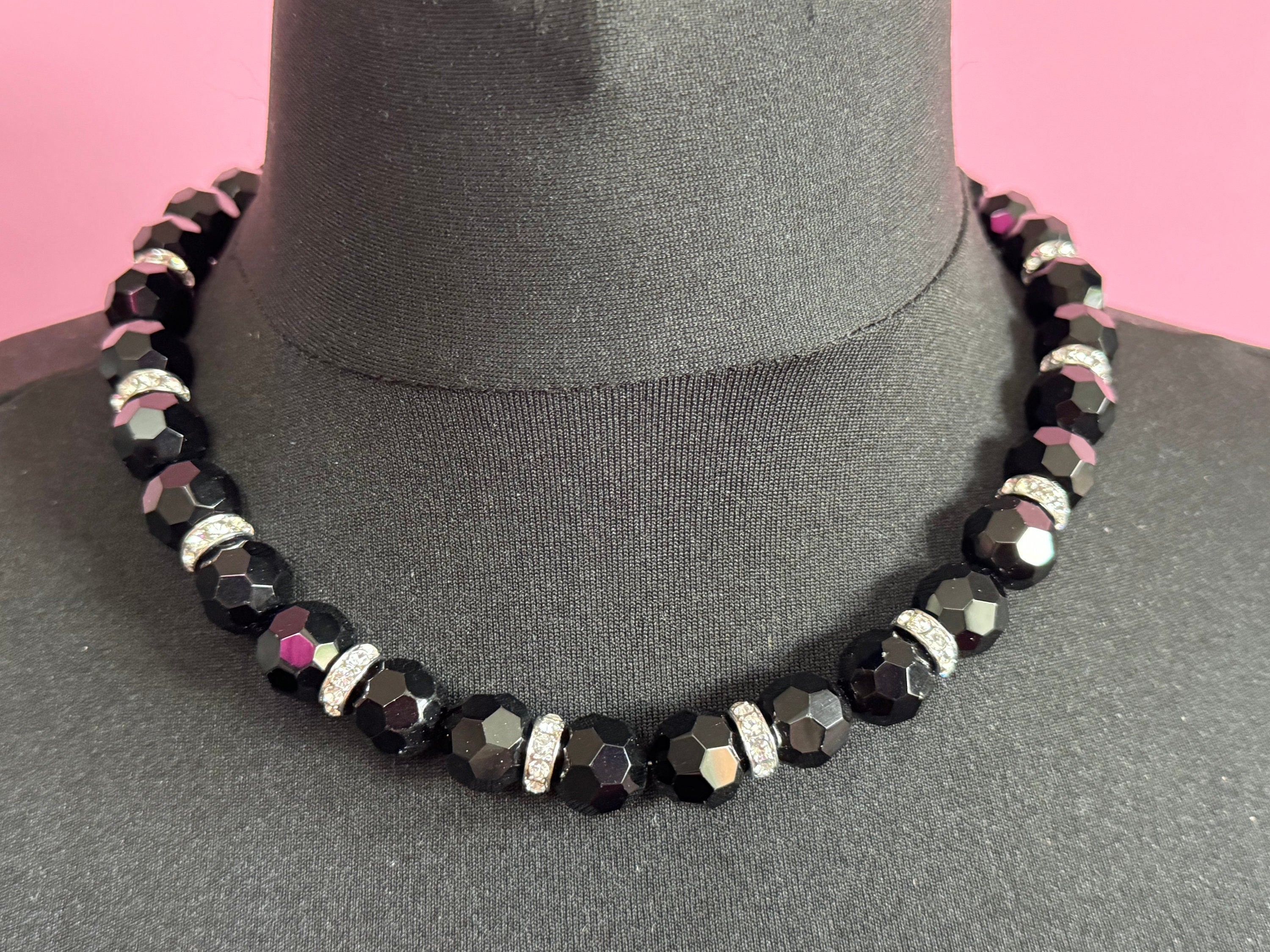 Mid century monochrome black clear glass paste diamanté faceted beaded necklace Art Deco gatsby party 47-55cm