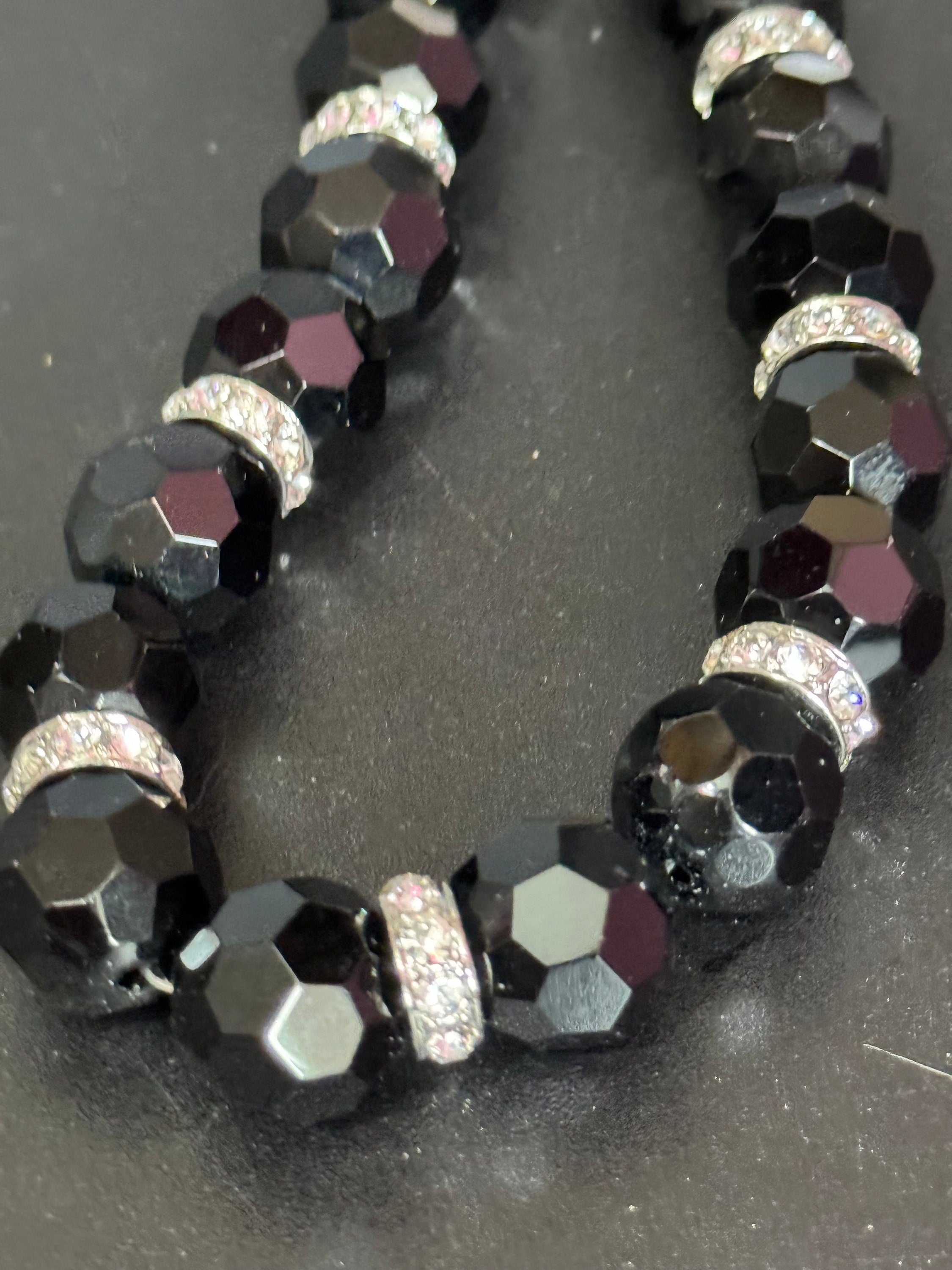 Mid century monochrome black clear glass paste diamanté faceted beaded necklace Art Deco gatsby party 47-55cm