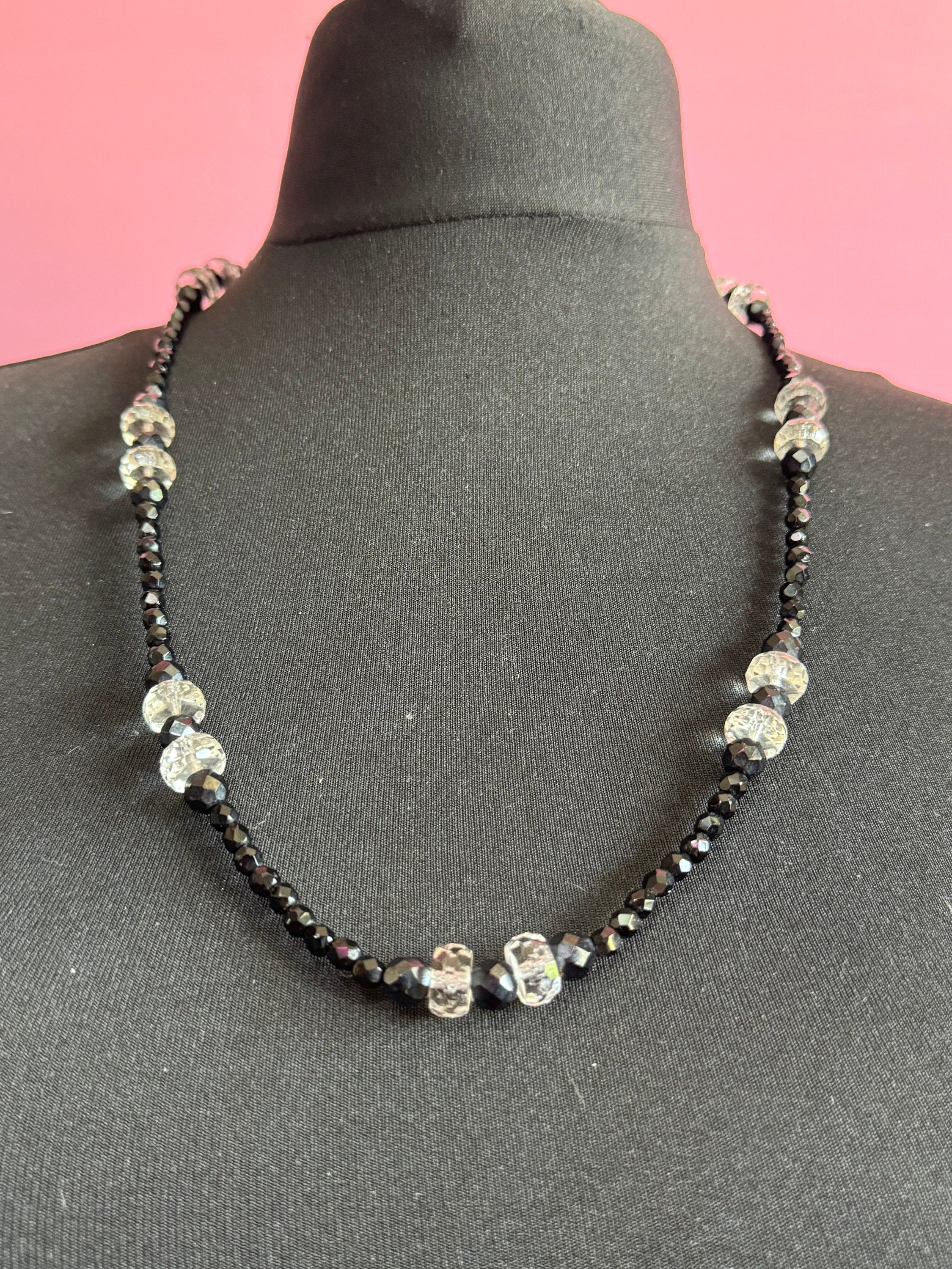 Vintage faceted black and clear glass beaded bead necklace rhinestone clasp 70cm monochrome