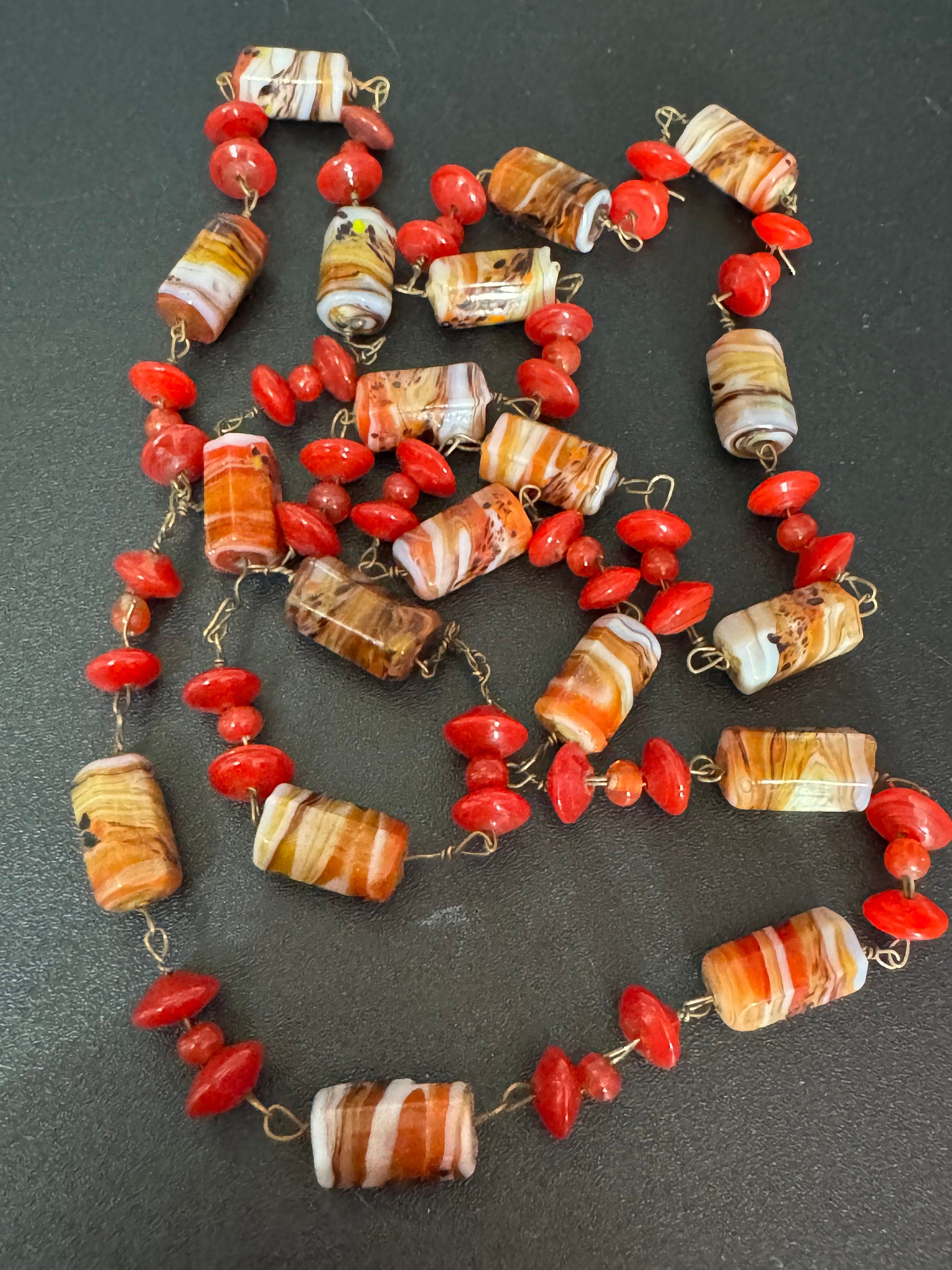 Vintage red white glass ceramic beaded gilt metal chain link long end of day bead necklace 72cm