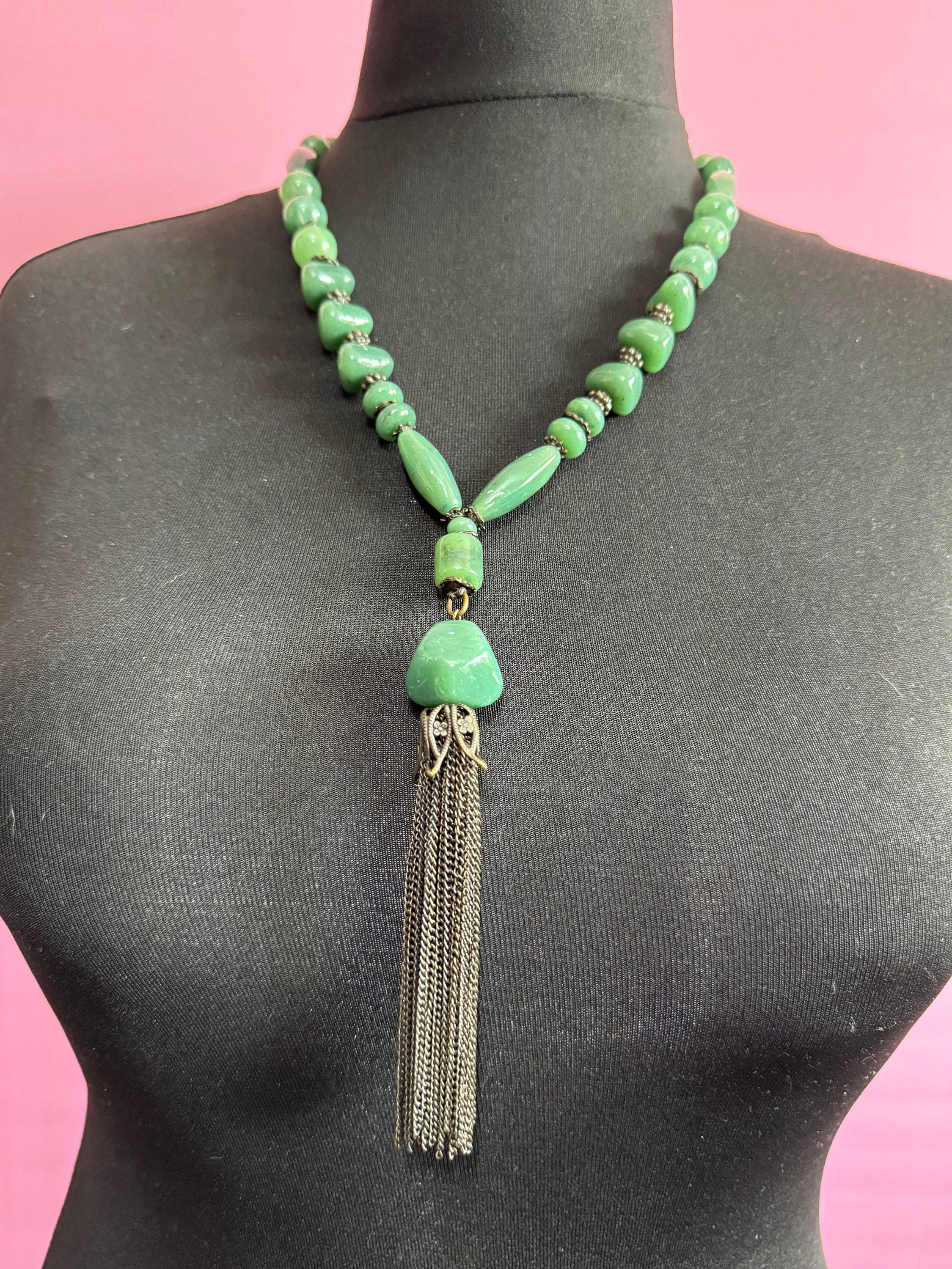 Vintage Italian oversized chunky green plastic beaded tassel necklace dark silver grey chain 63cm
