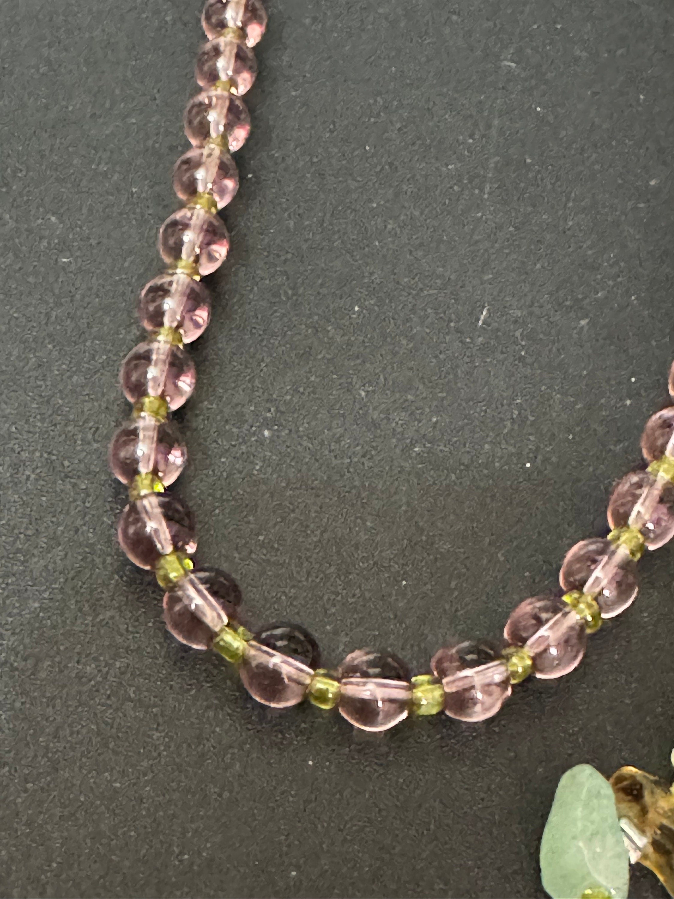 Vintage natural green lilac purple agate gemstone beaded pendant drop necklace gold tone Adventurine 72cm