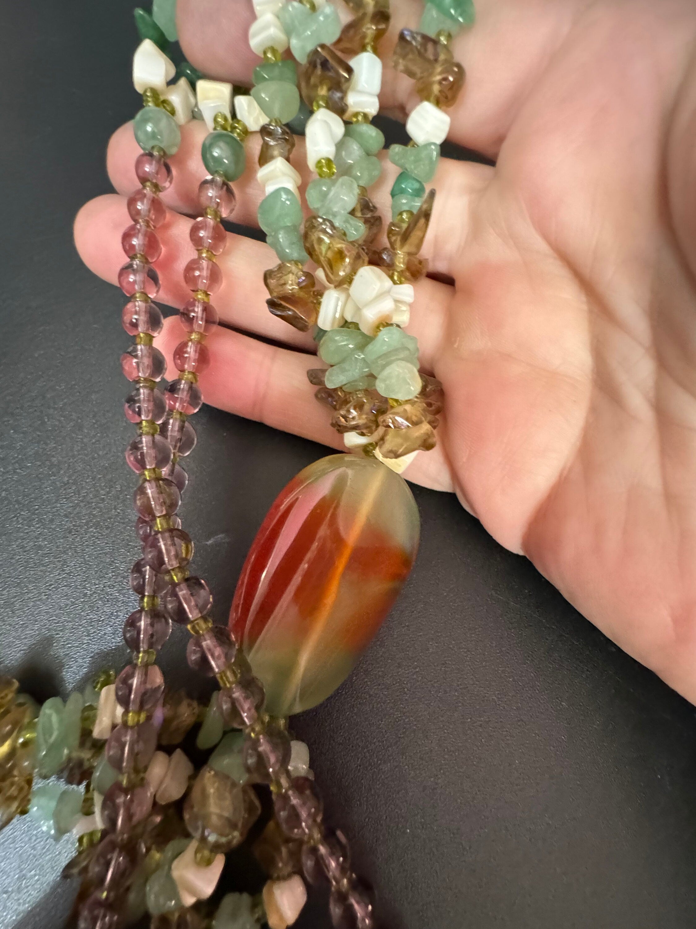 Vintage natural green lilac purple agate gemstone beaded pendant drop necklace gold tone Adventurine 72cm
