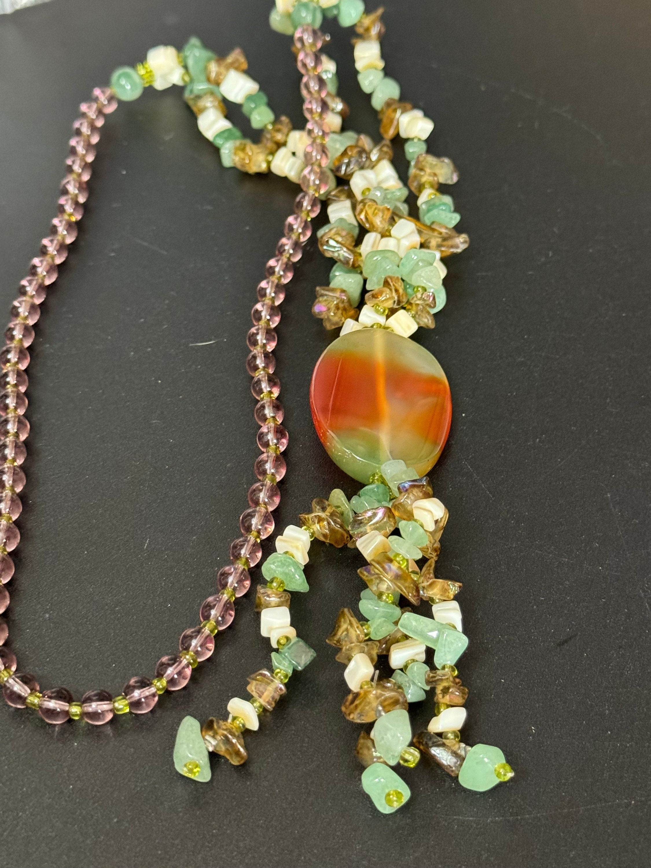 Vintage natural green lilac purple agate gemstone beaded pendant drop necklace gold tone Adventurine 72cm