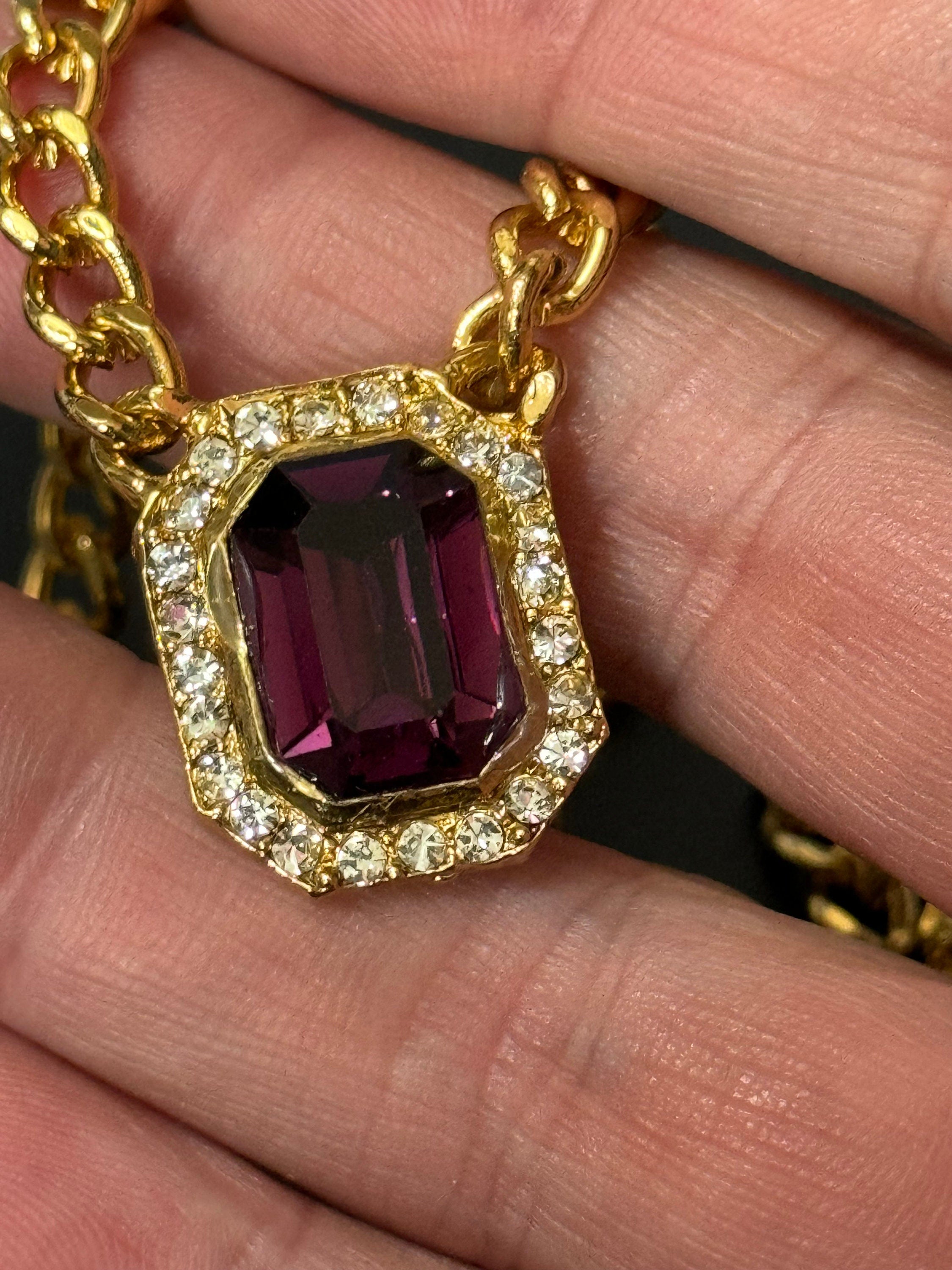 Vintage 1980s Swarovski crystal set amethyst purple and clear diamanté octagonal pendant necklace gold tone high end old shop stock