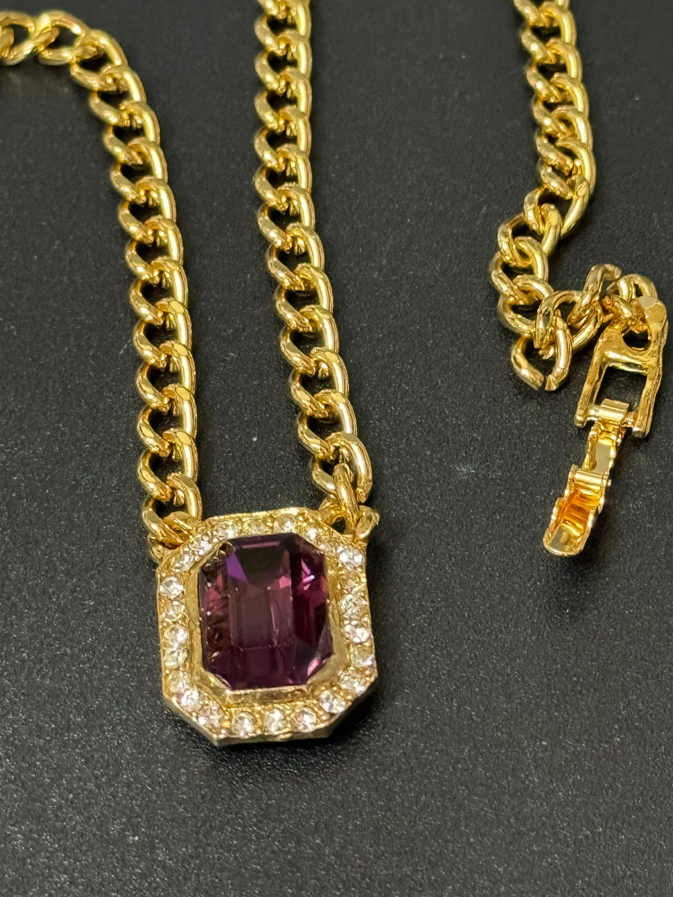 Vintage 1980s Swarovski crystal set amethyst purple and clear diamanté octagonal pendant necklace gold tone high end old shop stock