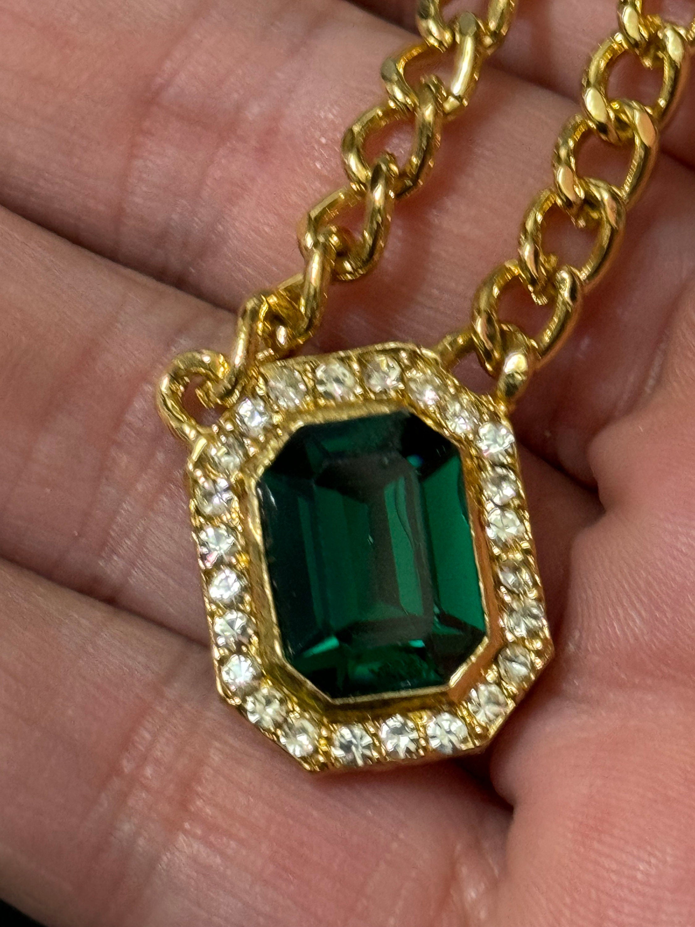 Vintage 1980s Swarovski crystal set emerald green and clear diamanté octagonal pendant necklace gold tone high end old shop stock