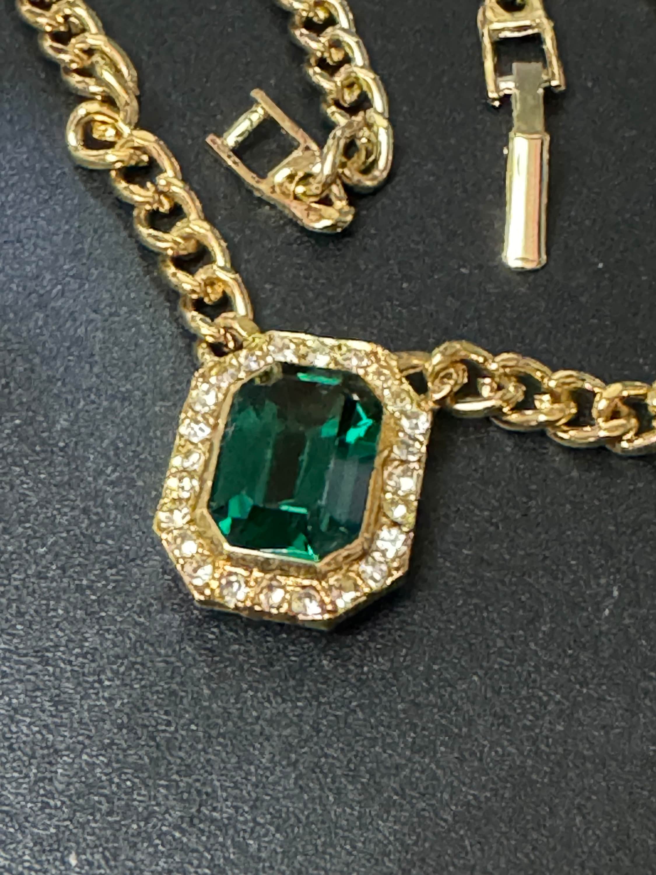 Vintage 1980s Swarovski crystal set emerald green and clear diamanté octagonal pendant necklace gold tone high end old shop stock