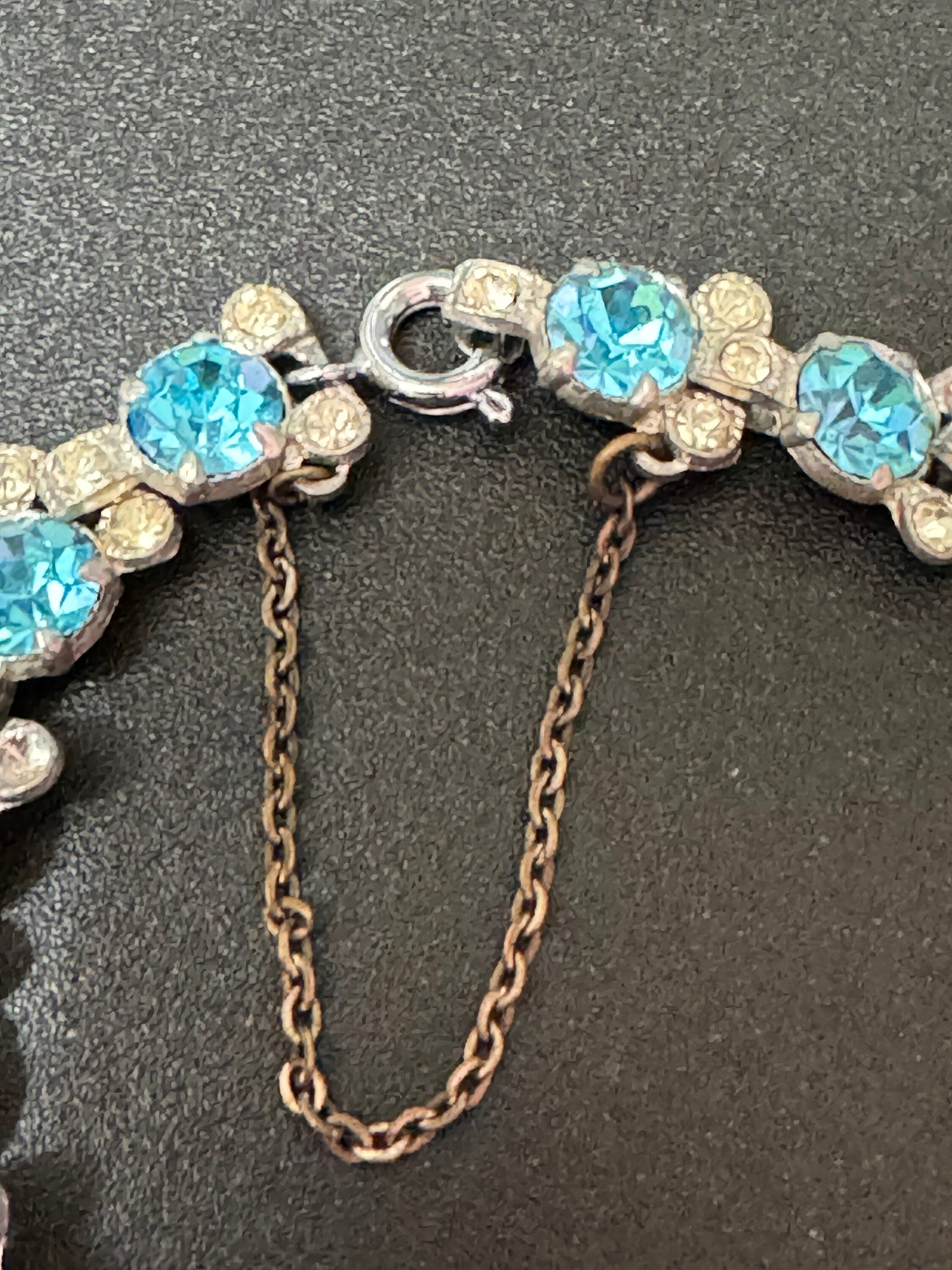 Vintage Diamanté silver tone light sapphire blue glass rhinestone cocktail Bracelet 17.5cm