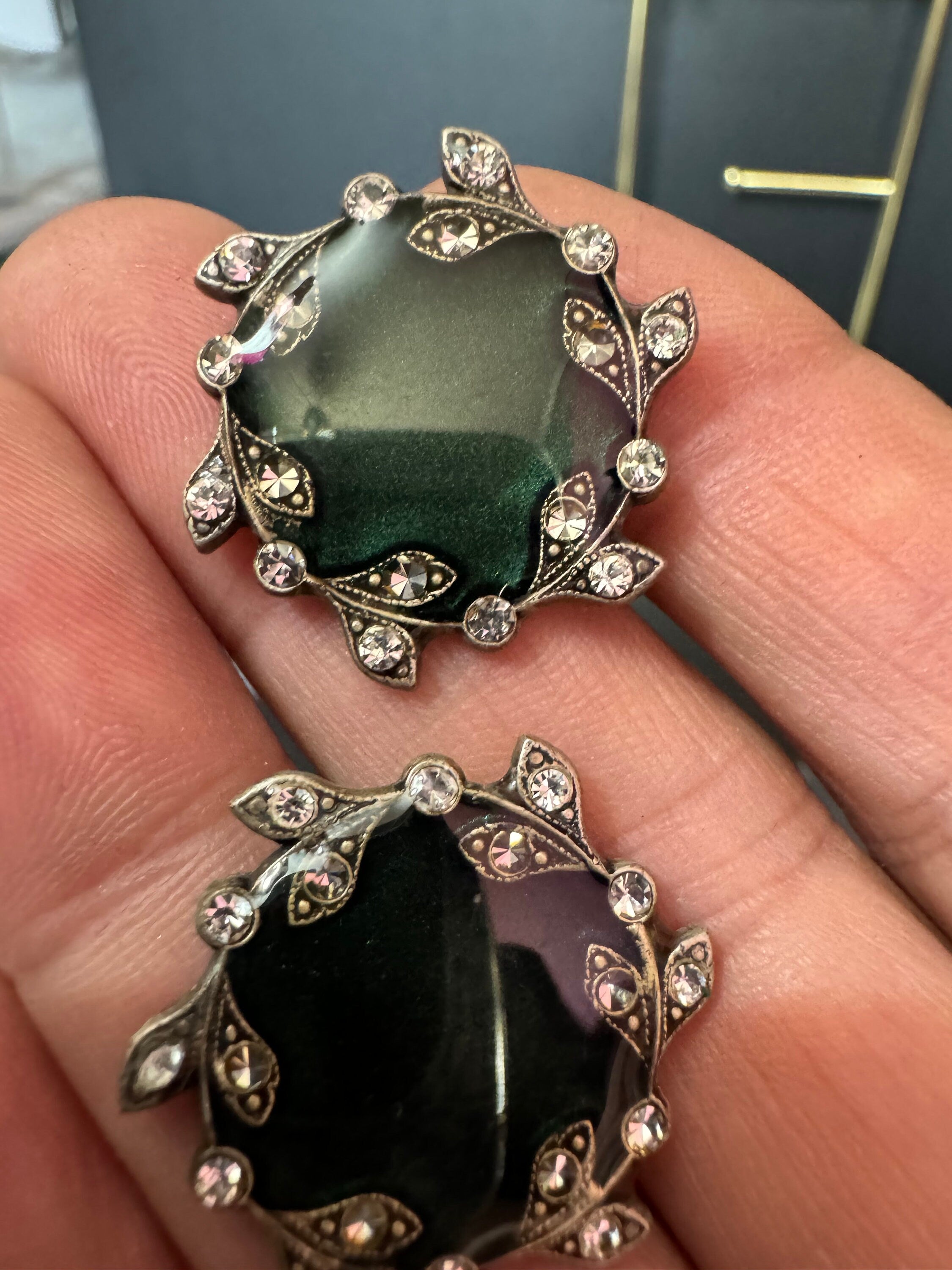 Dark Green Enamel Diamanté Clip On Earrings - Silver Tone