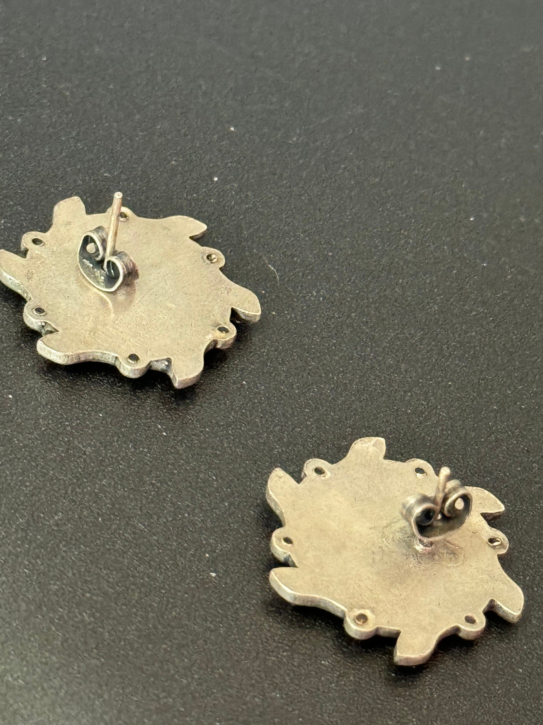 Dark Green Enamel Diamanté Clip On Earrings - Silver Tone