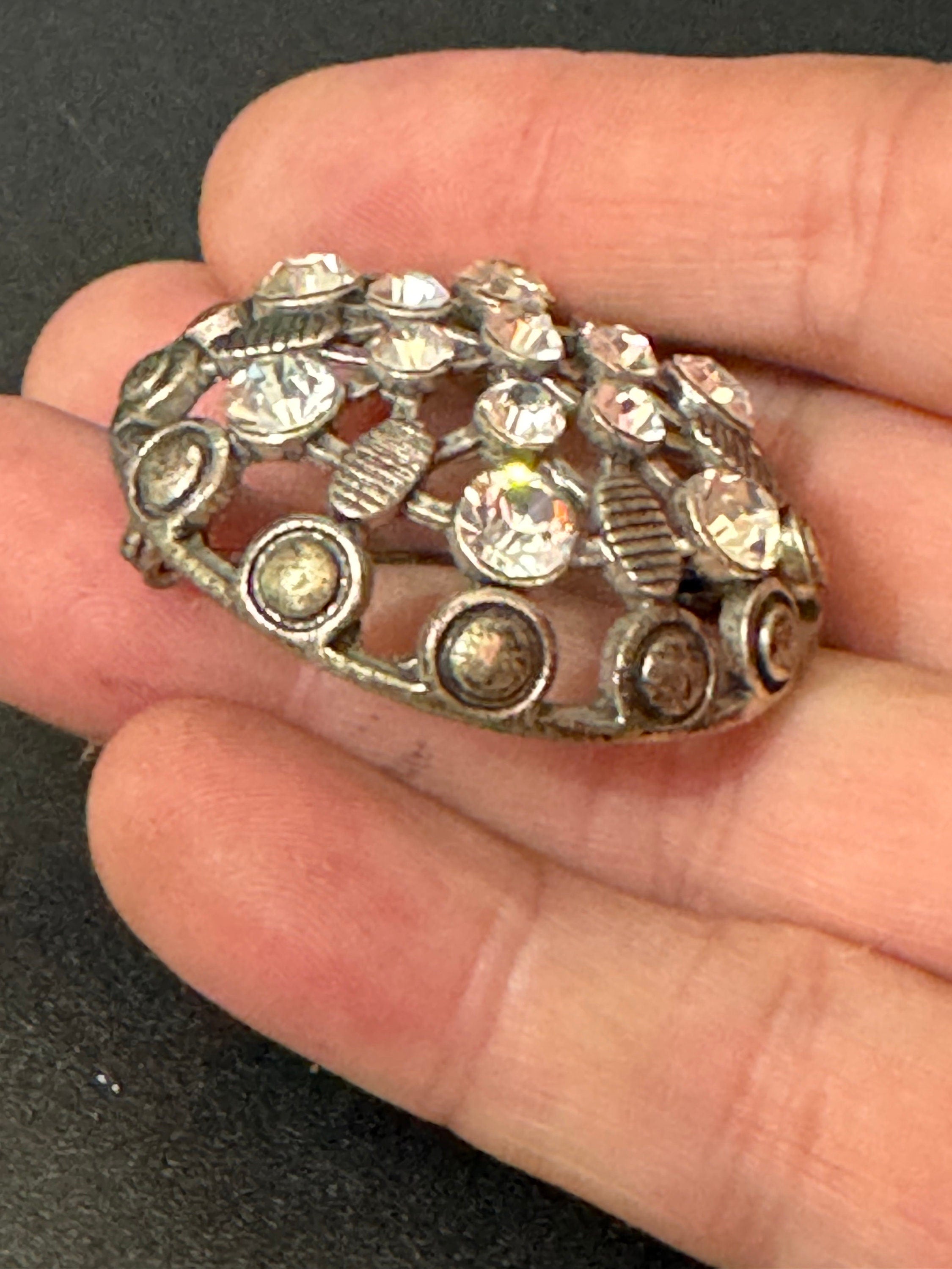 diamanté domed round brooch, Vintage clear rhinestones
