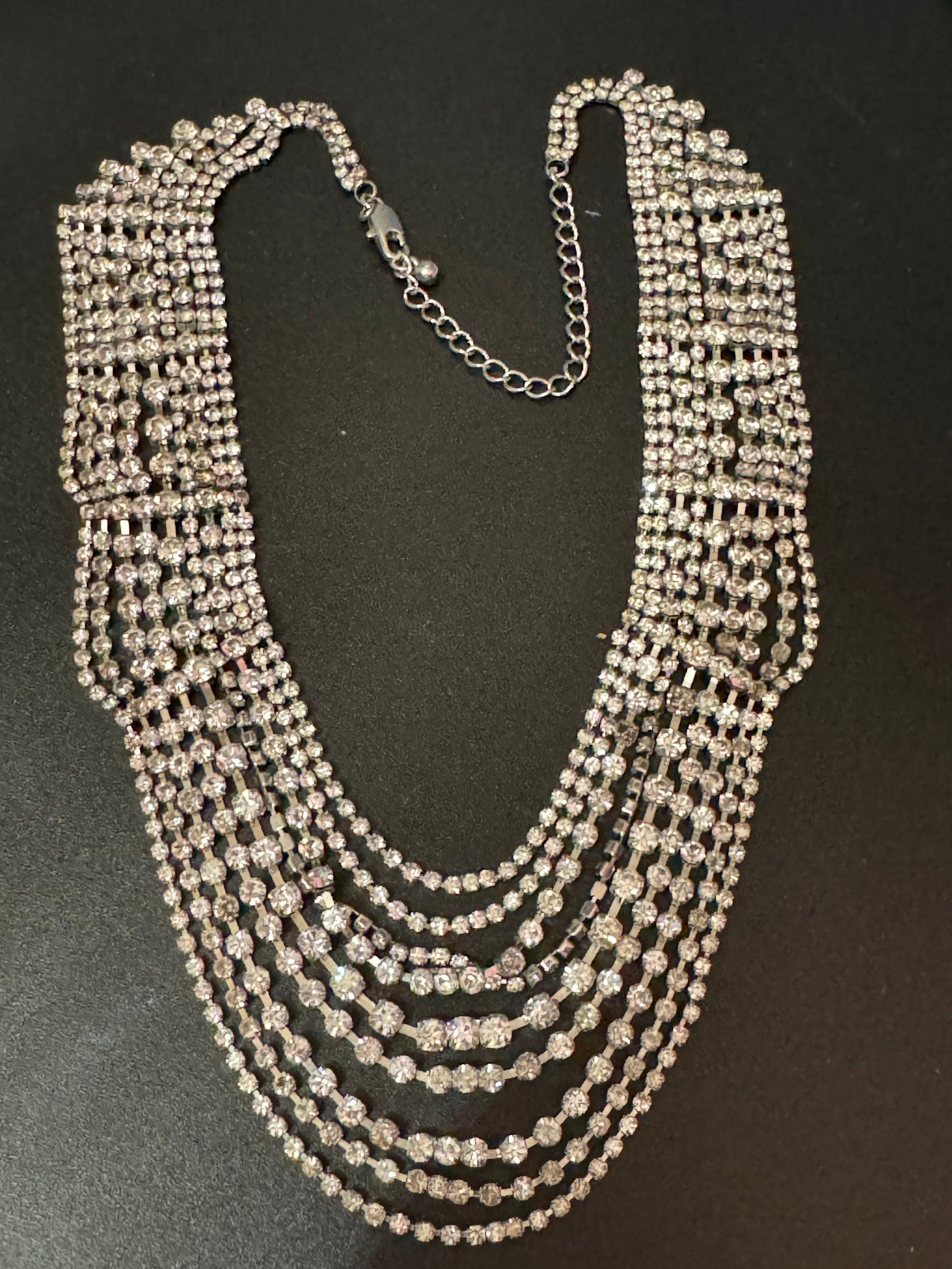 39-45cm ornate silver Clear glass Diamanté rhinestone paste waterfall bib swag cocktail necklace Lobstercladp