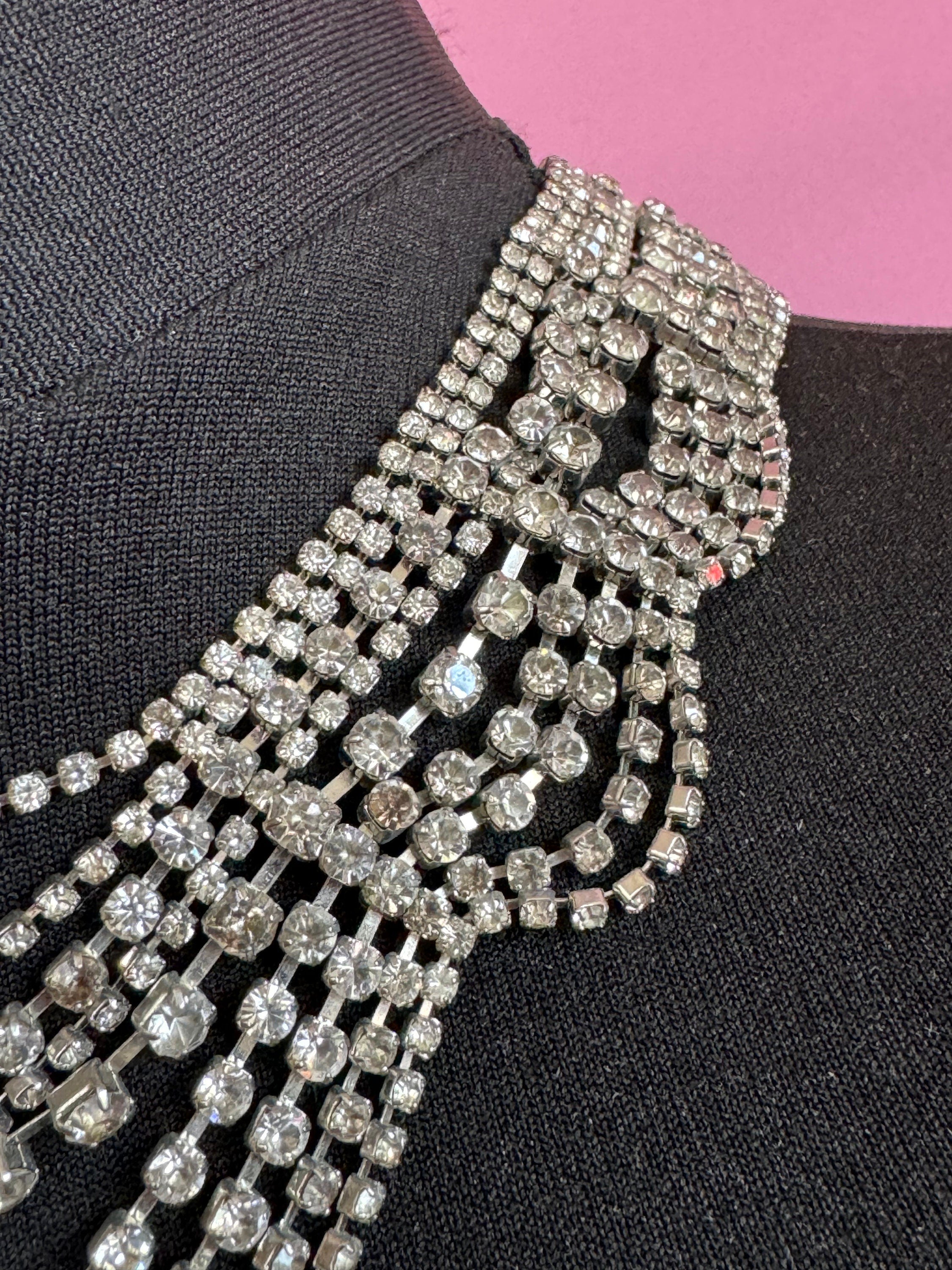 39-45cm ornate silver Clear glass Diamanté rhinestone paste waterfall bib swag cocktail necklace