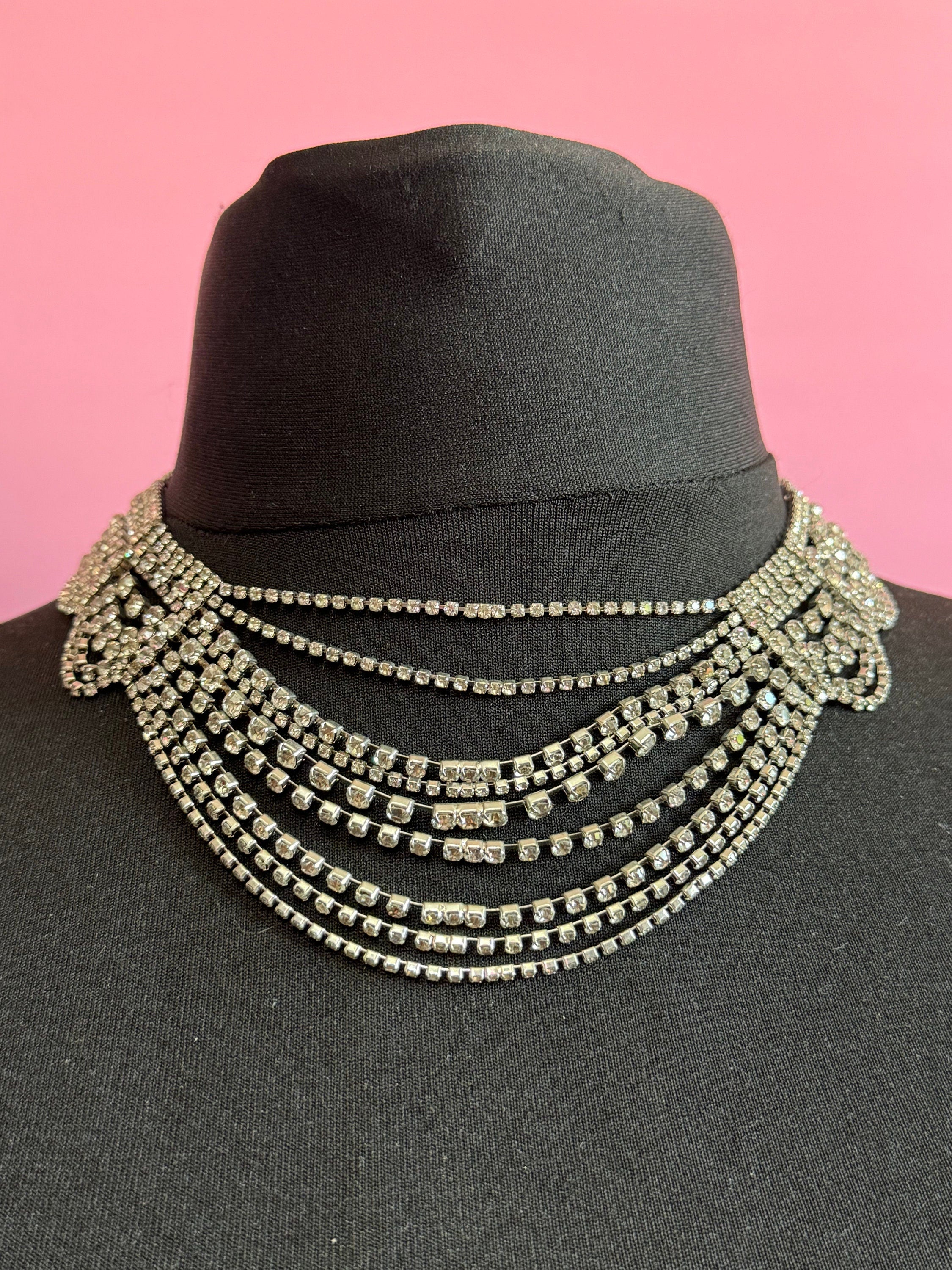 39-45cm ornate silver Clear glass Diamanté rhinestone paste waterfall bib swag cocktail necklace