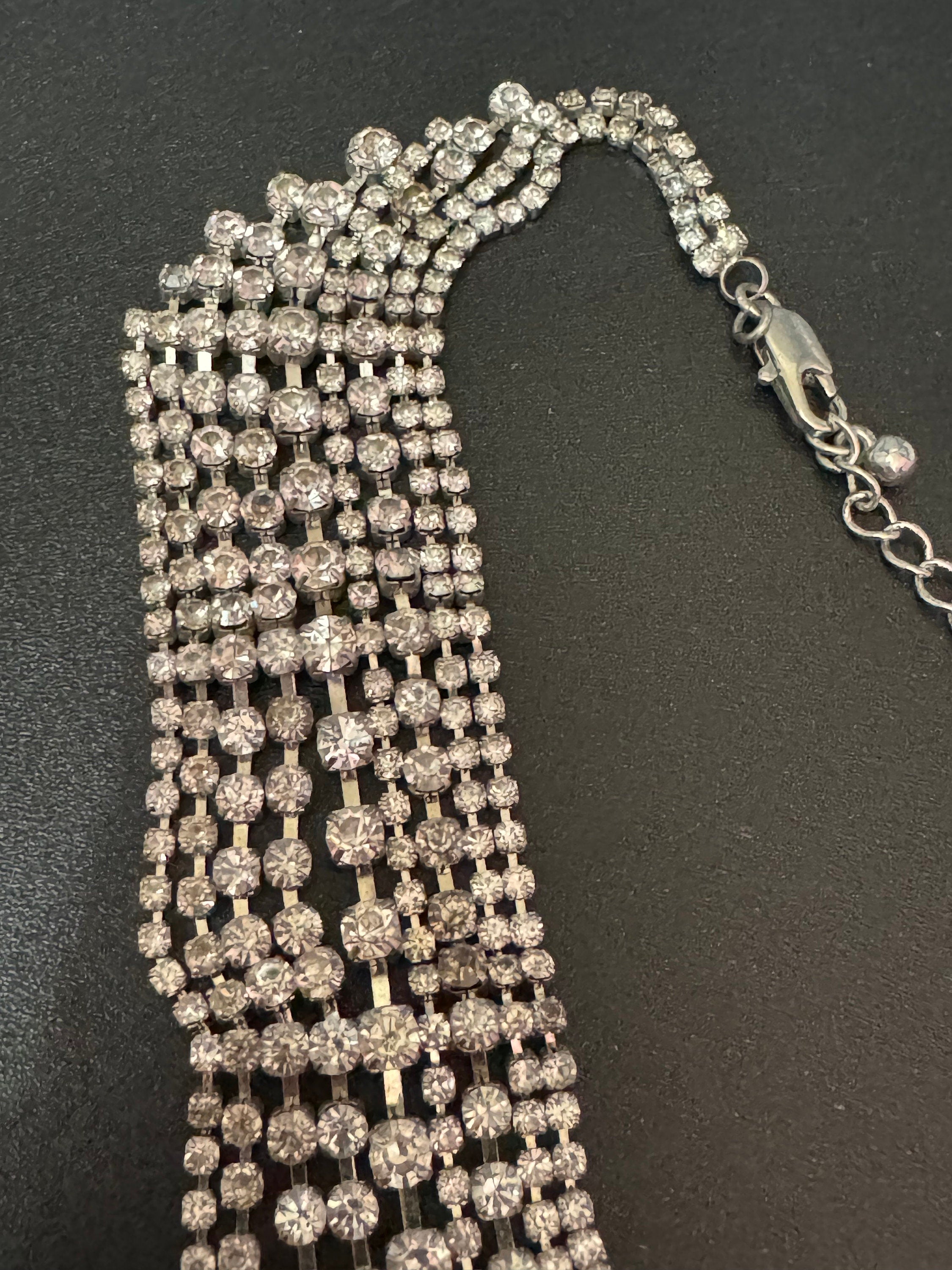 39-45cm ornate silver Clear glass Diamanté rhinestone paste waterfall bib swag cocktail necklace