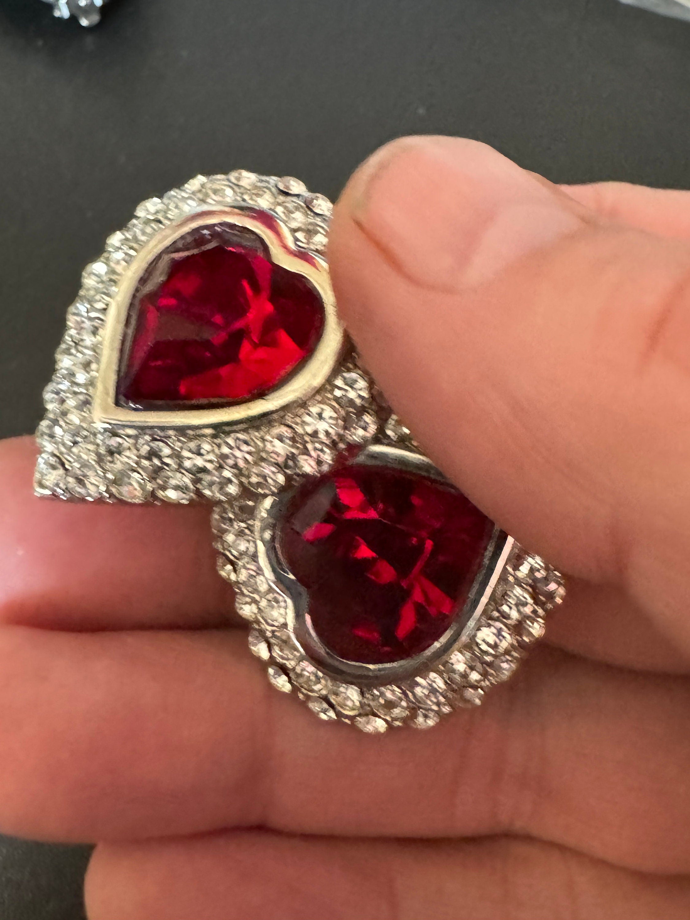 vintage silver ruby red Swarovski crystal love heart earrings, 1980s