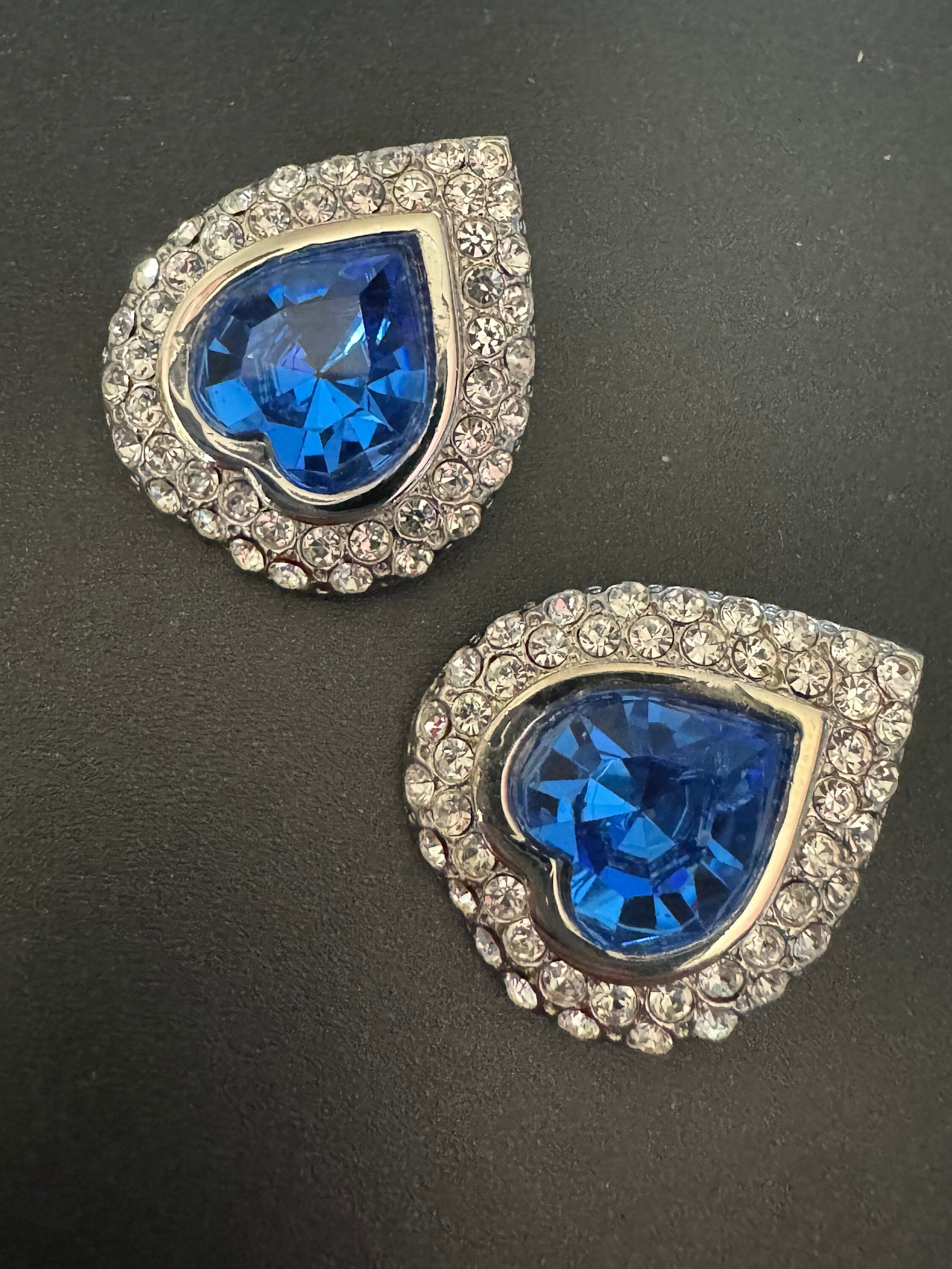 vintage oversized 3.25cm chunky silver tone sapphire blue and and clear Swarovski crystal love heart earrings 1980s high end old shop stock