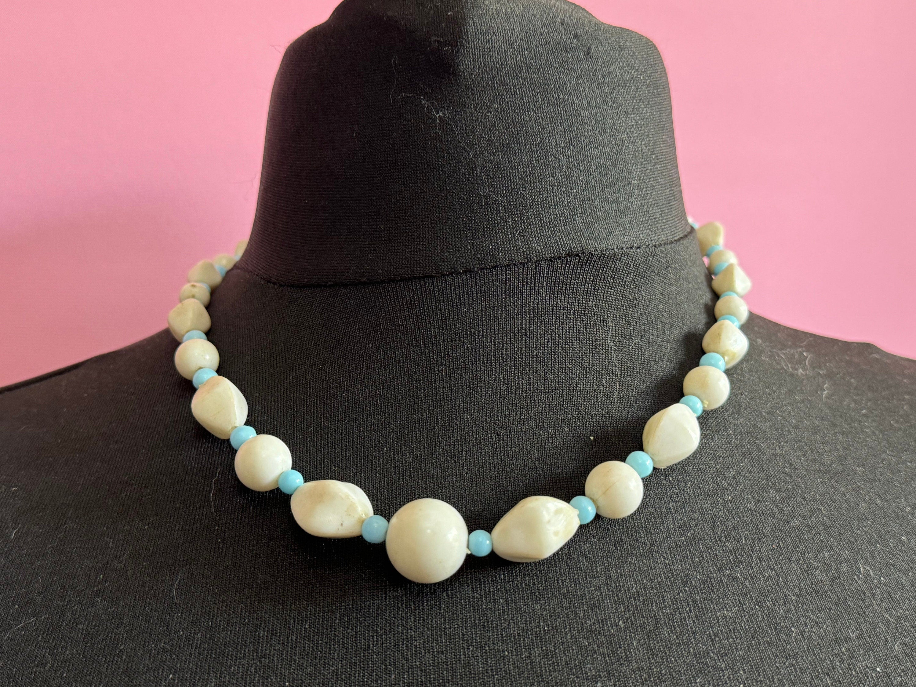 Vintage pastel blue and white beaded plastic necklace 48cm