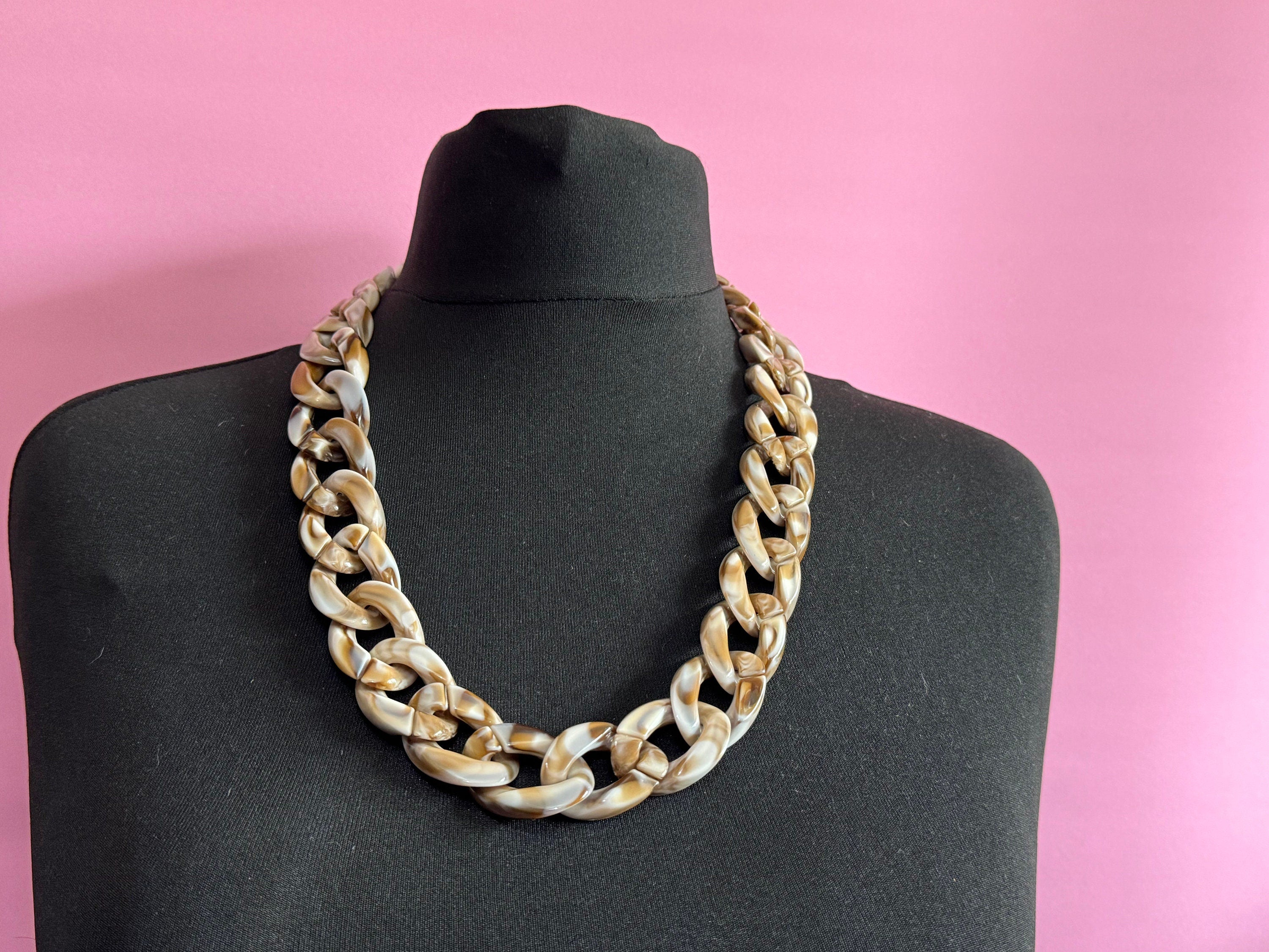 Oversized plastic beaded chain necklace Brown beige links